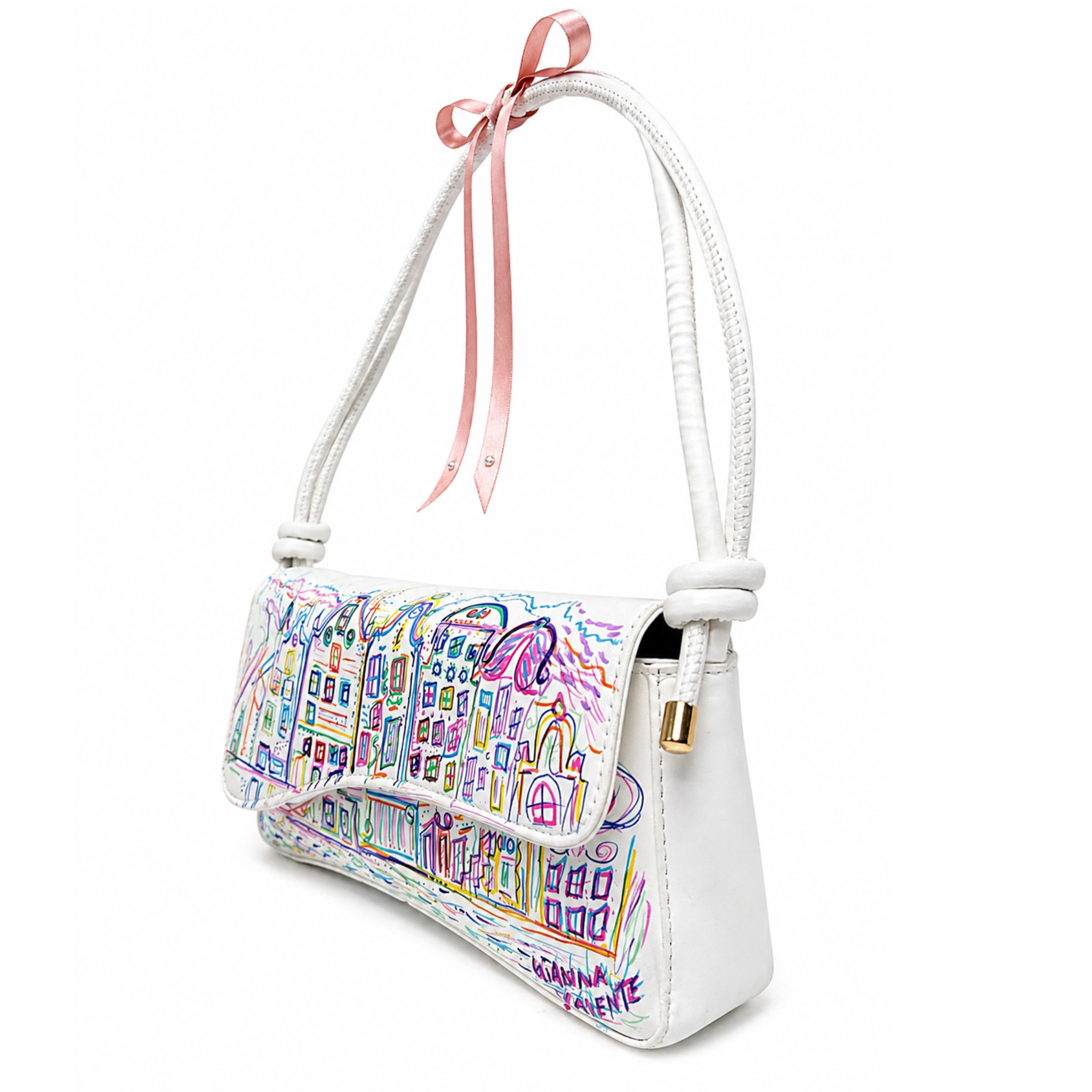 Gianna Valente x Lets Bag It The Parisienne Sketch Shoulder Bag in black with gold accents and adjustable strap.