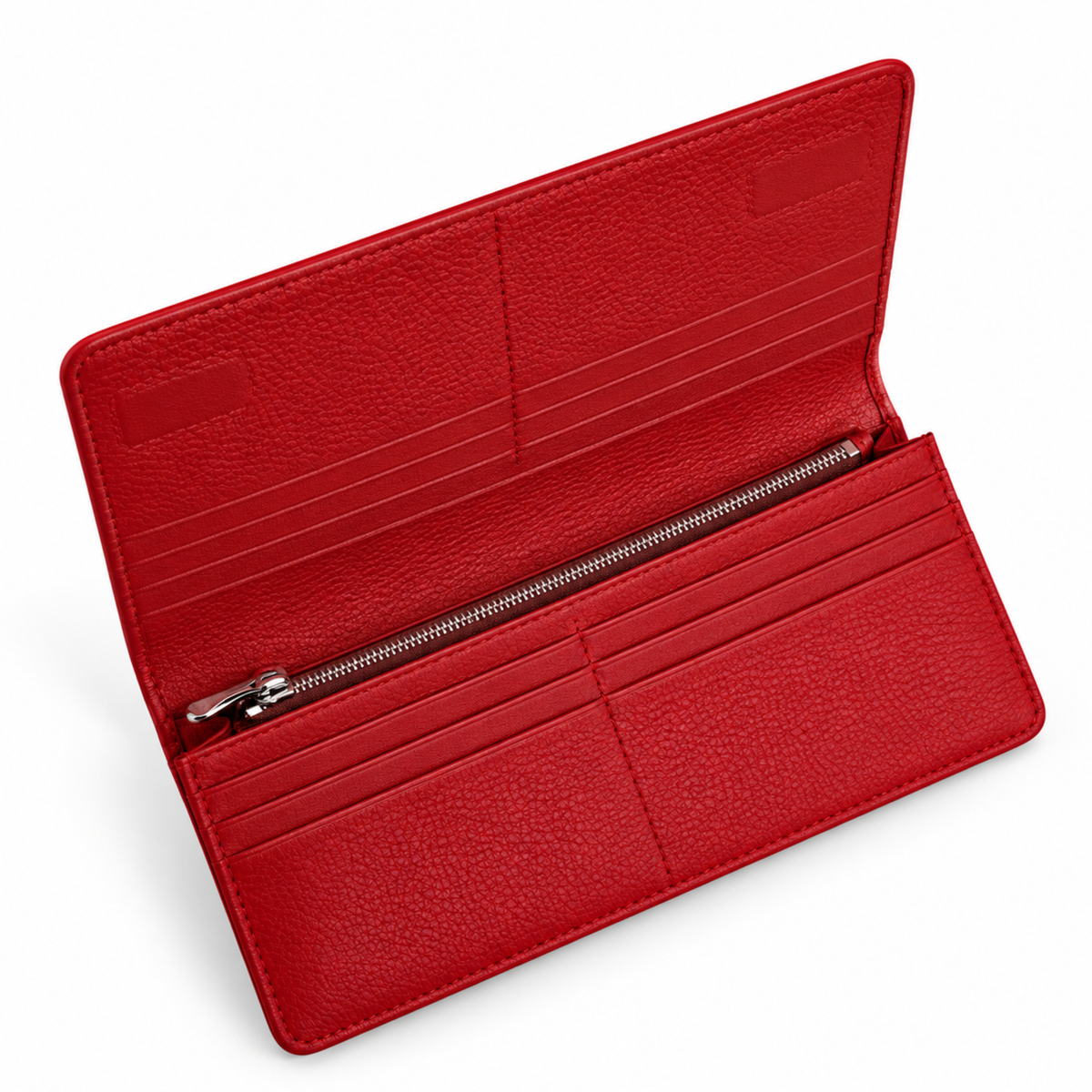 Medium Ruby Wallet by Private Label showing textured red leather with multiple card slots and a secure coin pocket.