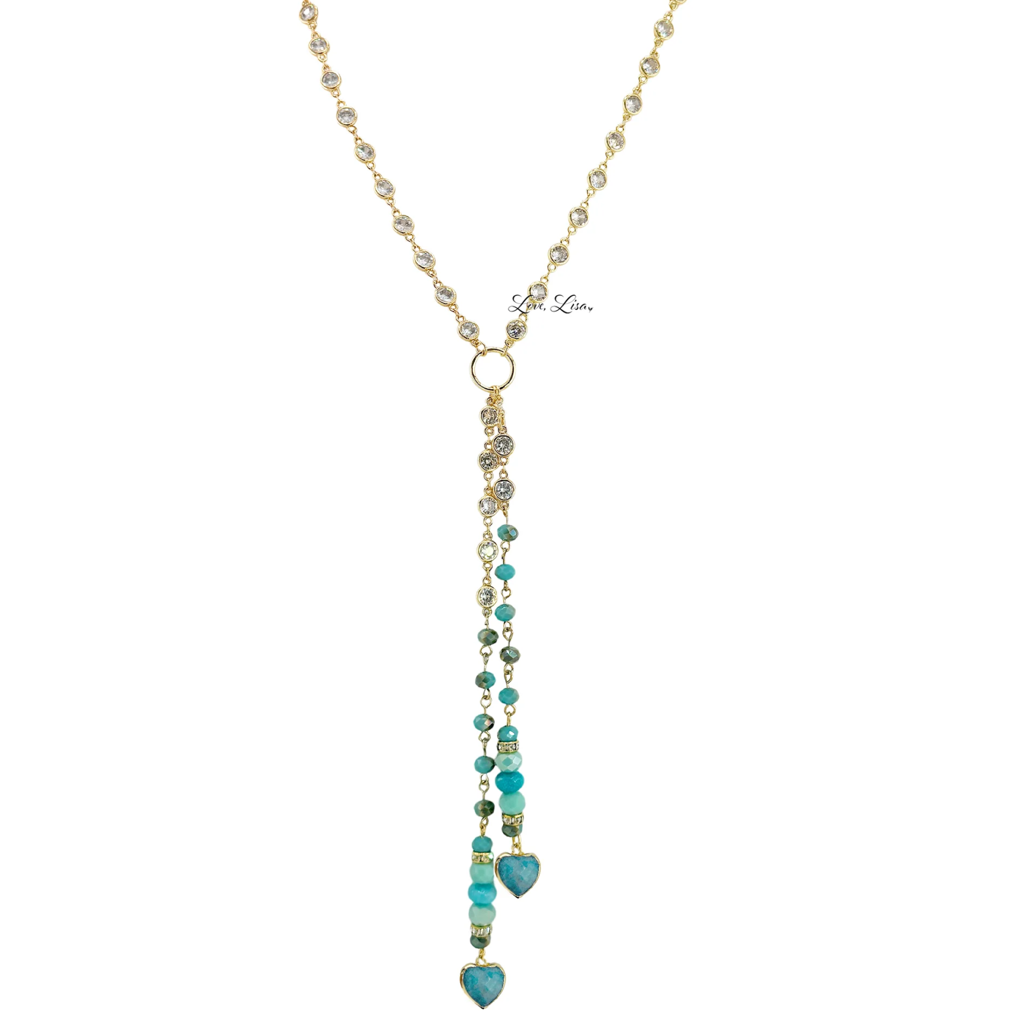 Alessia Amazonite and Quartz Heart Gemstone Drop Necklace featuring a delicate chain and heart-shaped gemstone pendant by love lisa.
