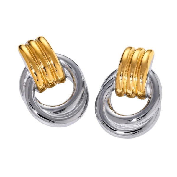 Two-tone double knotted door knocker earrings by Private Label, featuring a stylish and bold design.