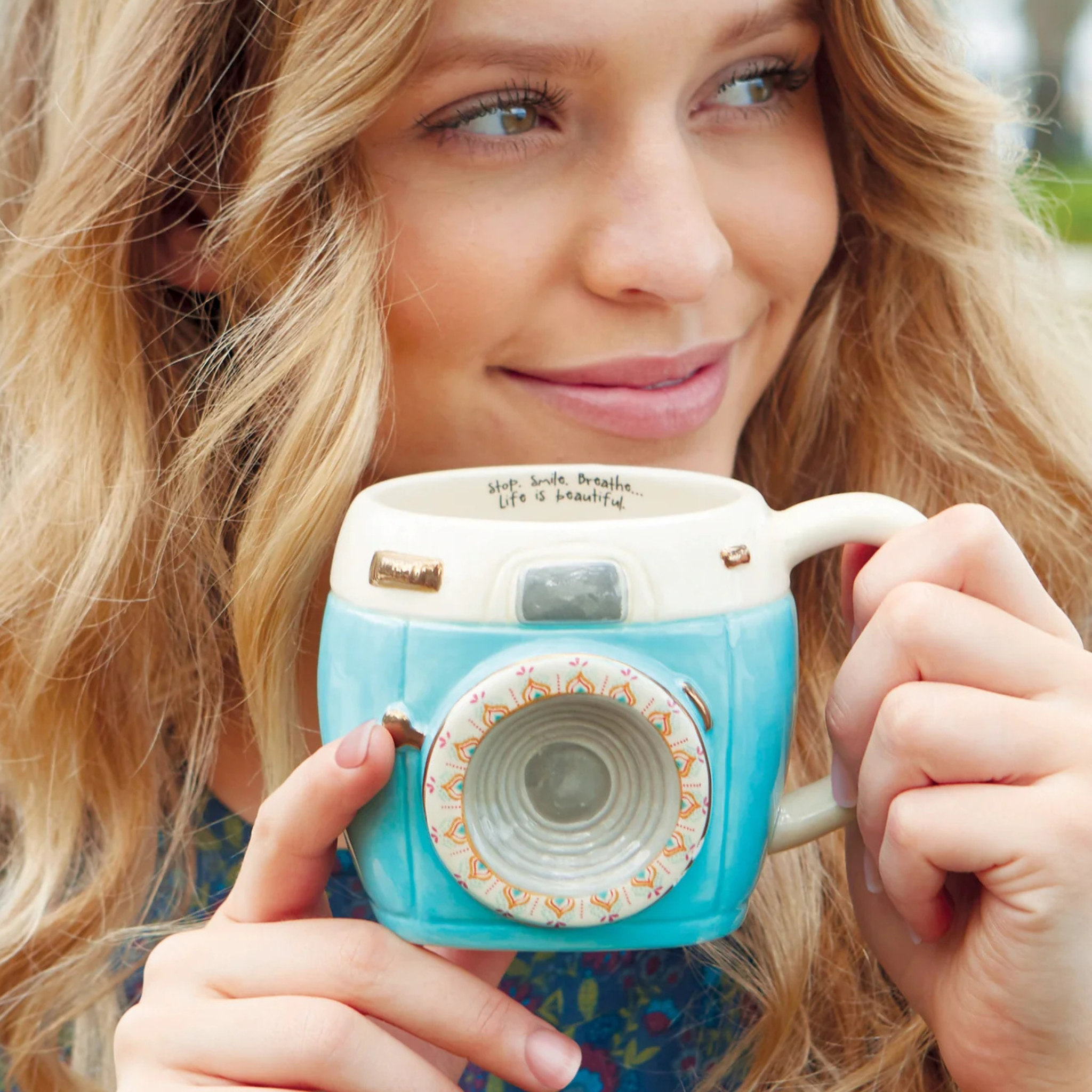 Natural Life Folk Art Coffee Mug featuring Imogene the Camera design, with colorful camera illustration on a ceramic mug.
