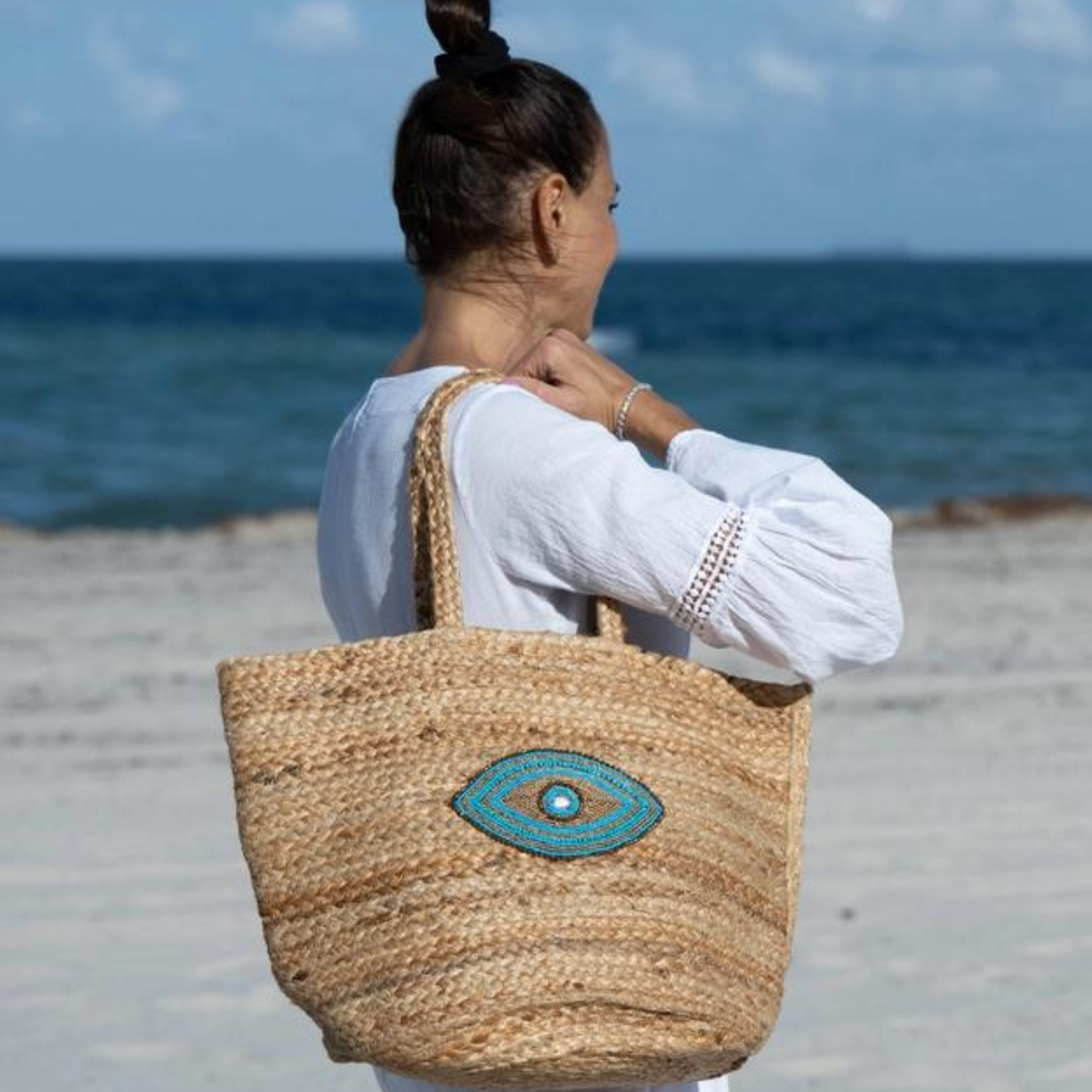 Evil Eye Jute Beach Tote