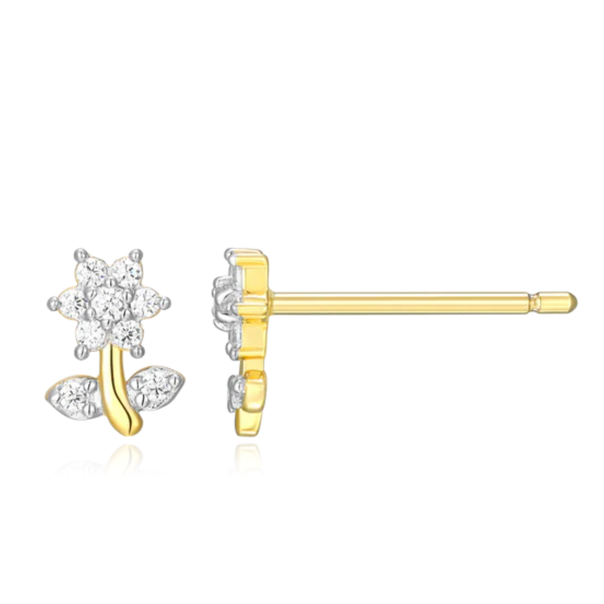 Flower stud earrings crafted from 14k yellow gold plated sterling silver by M by Monte Luna, featuring intricate floral designs.