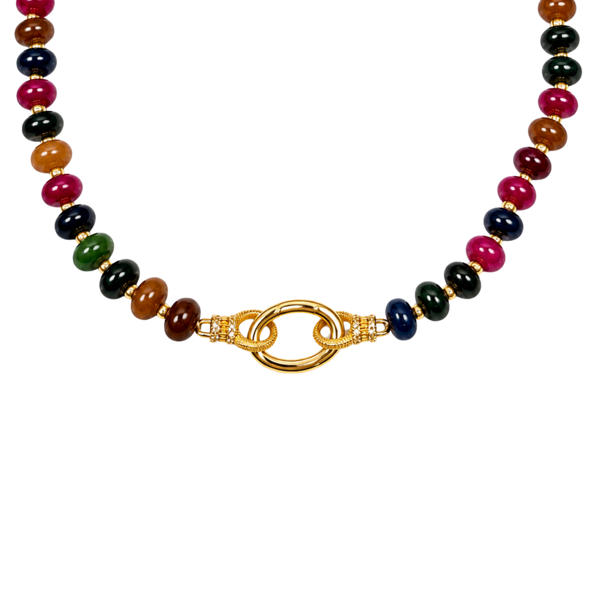 Colorful gemstone beaded necklace with charm catcher, featuring vibrant beads and a decorative charm for stylish wear.