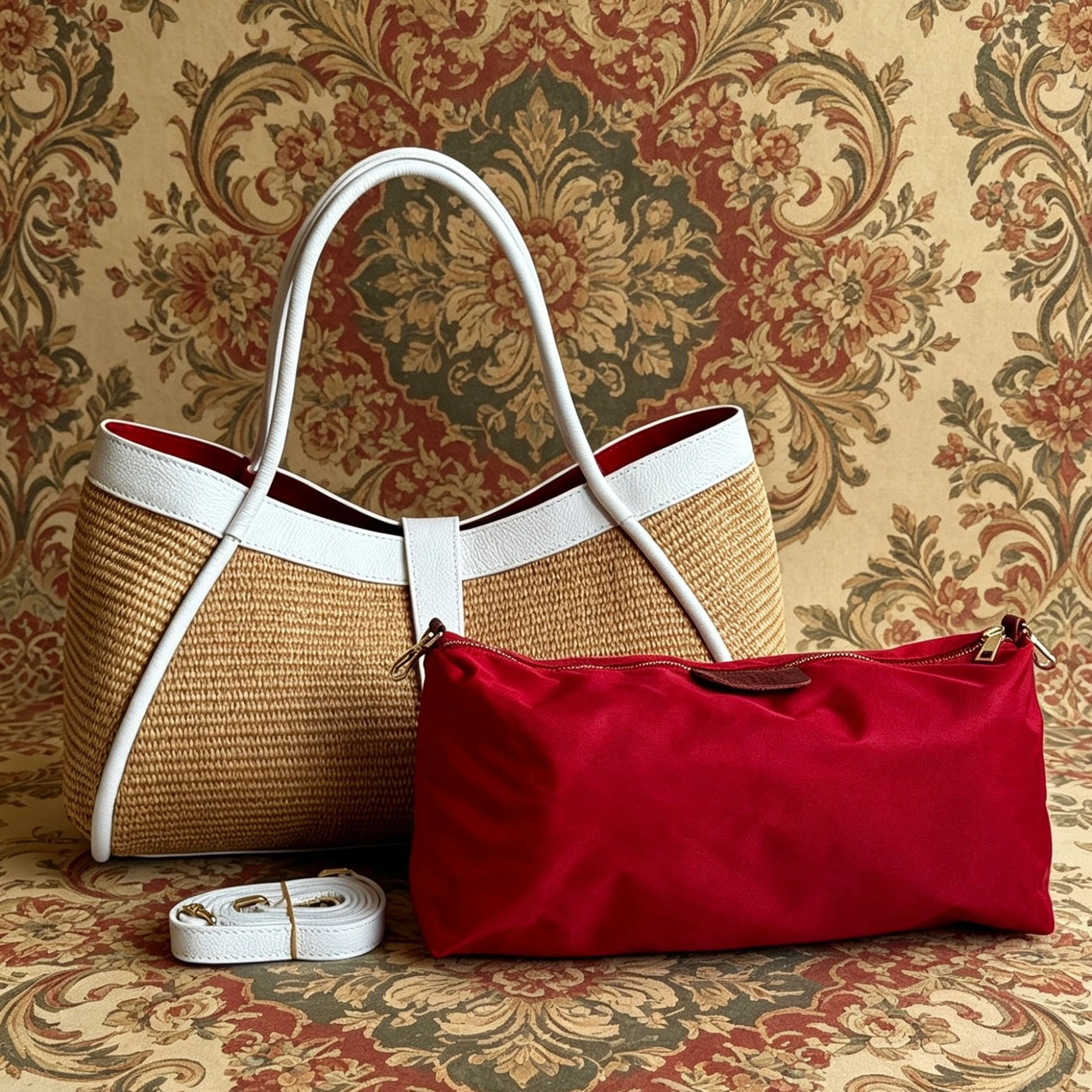 Private label raffia tote bag with genuine leather trim, showing woven texture and sturdy handles in a natural, stylish design.