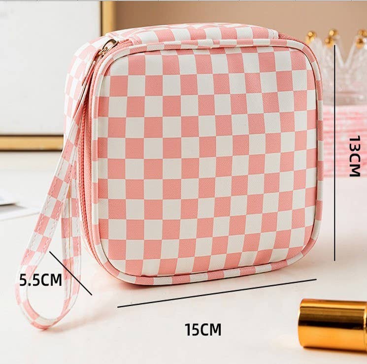 Travel checker makeup cosmetic pouch bag by Private Label, featuring a compact, stylish design with multiple compartments for essentials.