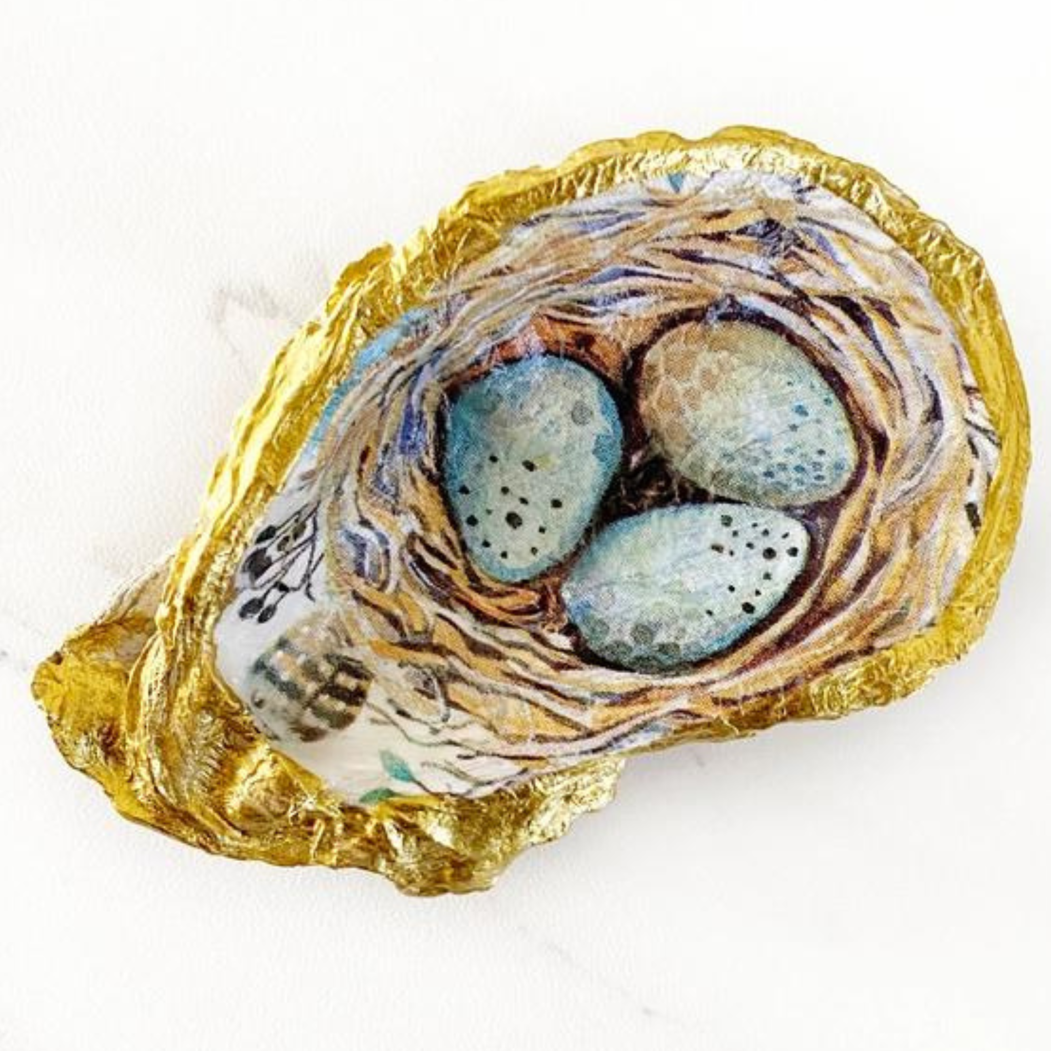 Robin's Egg Decoupage Oyster Shell Trinket Ring Dish