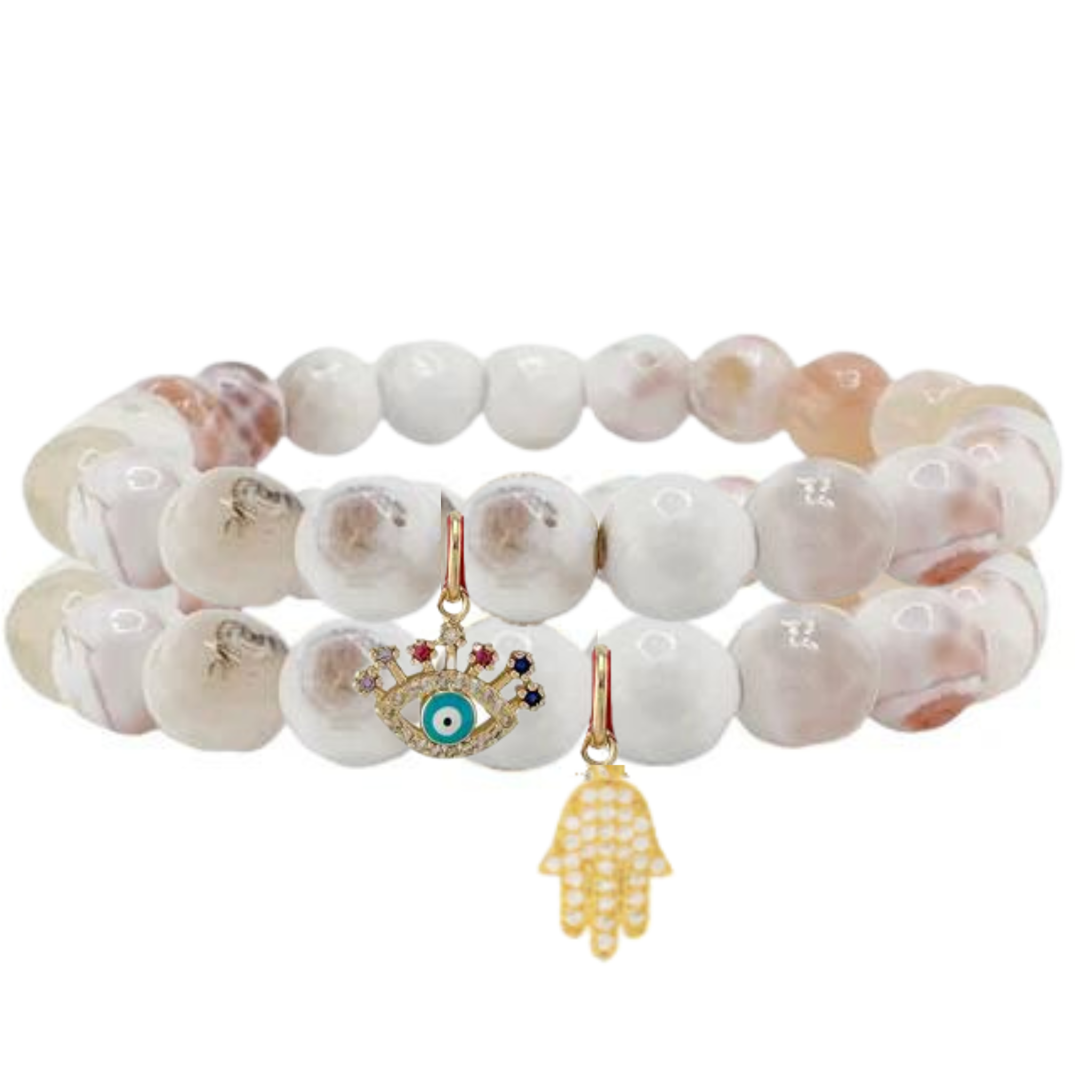 White beaded bracelet w charms stack