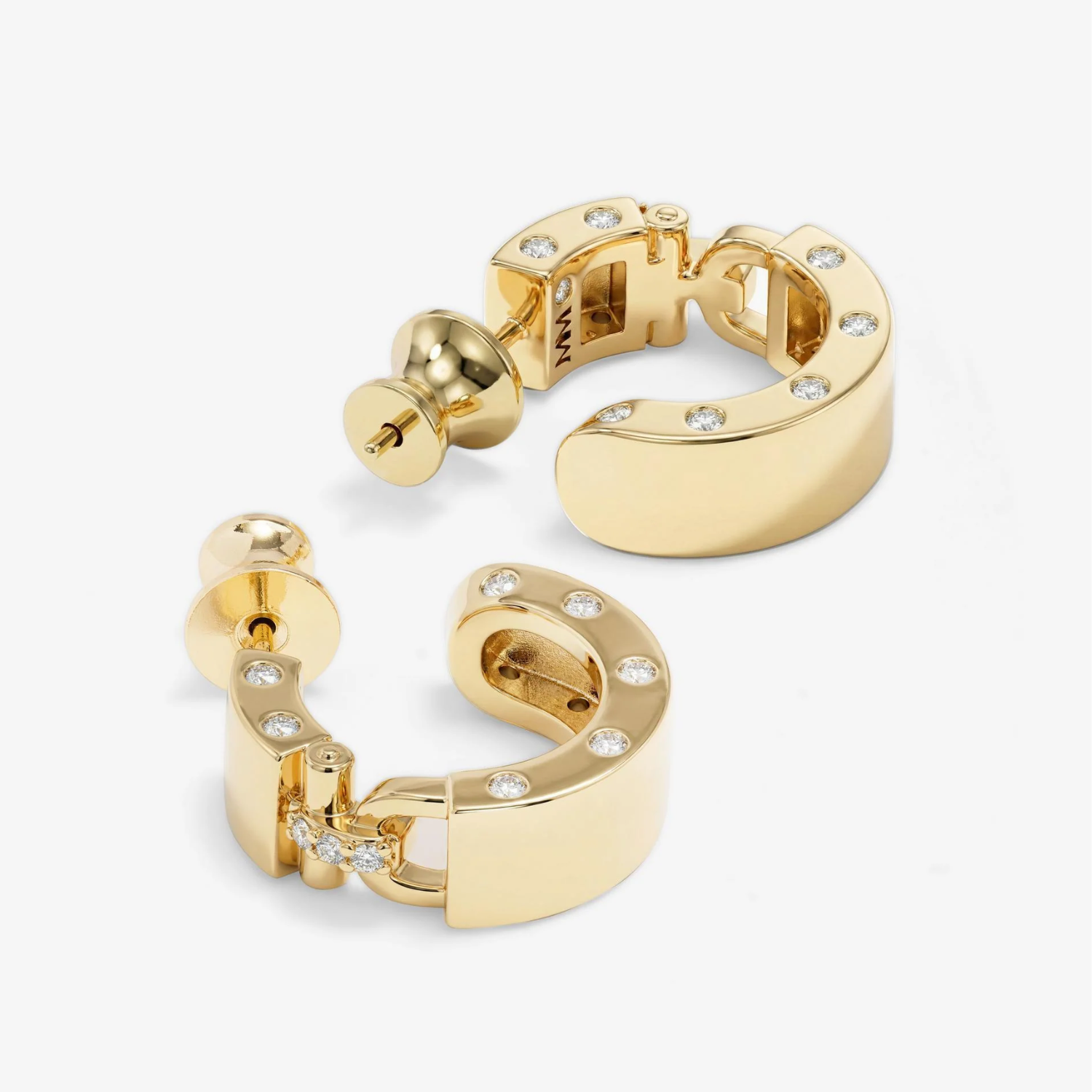 Melinda Maria Ashley Lock Huggies earrings in gold with white diamondette accents, small hoop style with secure lock closure.