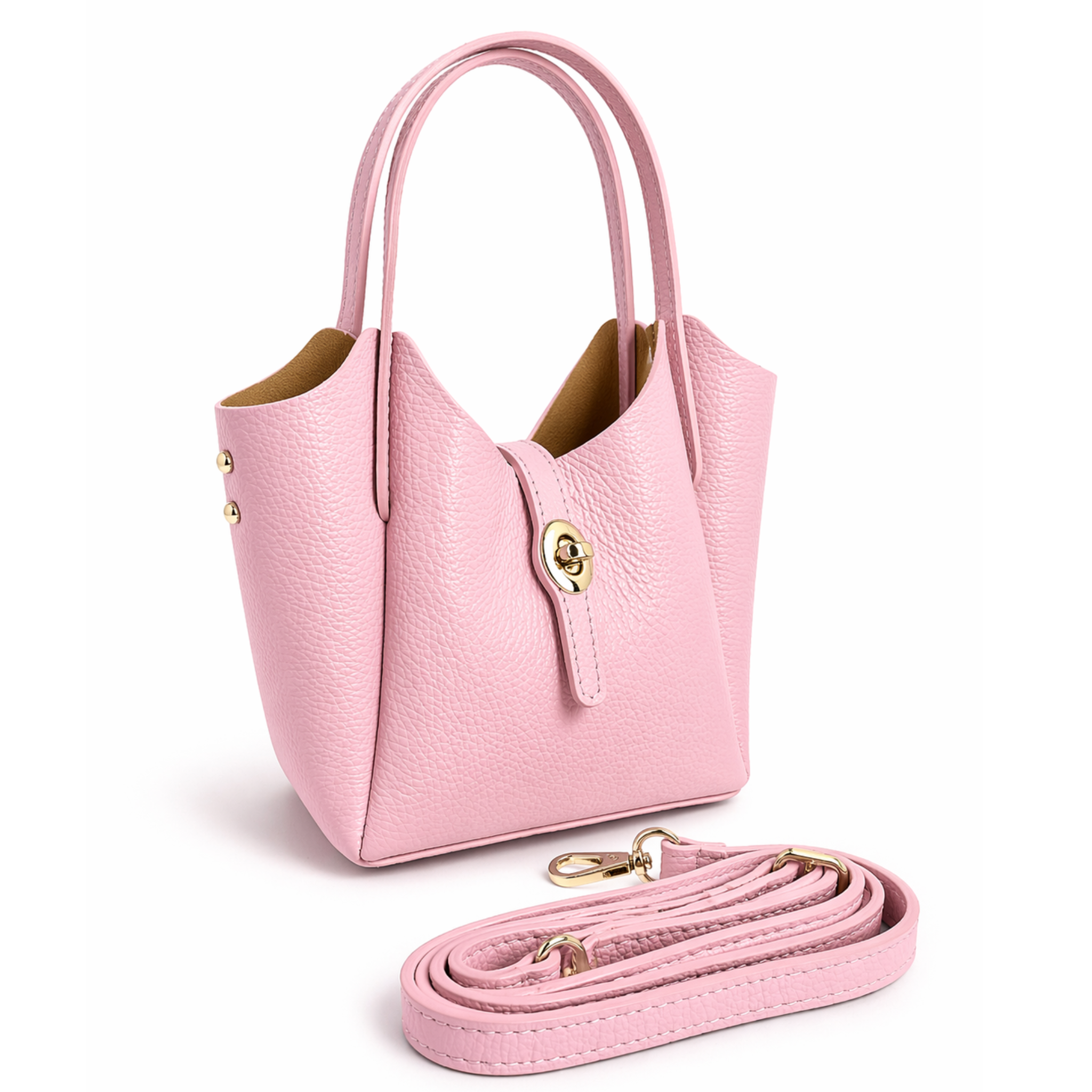 Private Vendor Geneva mini leather bucket bag with adjustable strap and metal hardware on a plain background.