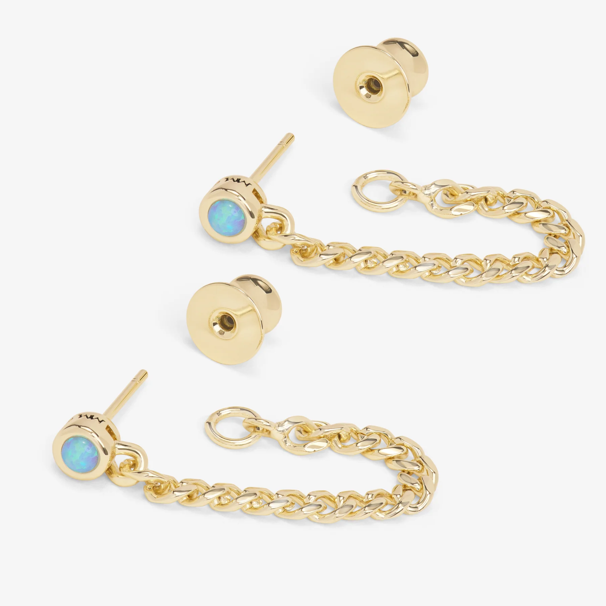 Gold Julian 3mm soft chain hoop earrings with blue opal accents by Melinda Maria, showcasing delicate chain detail and vibrant gemstone.