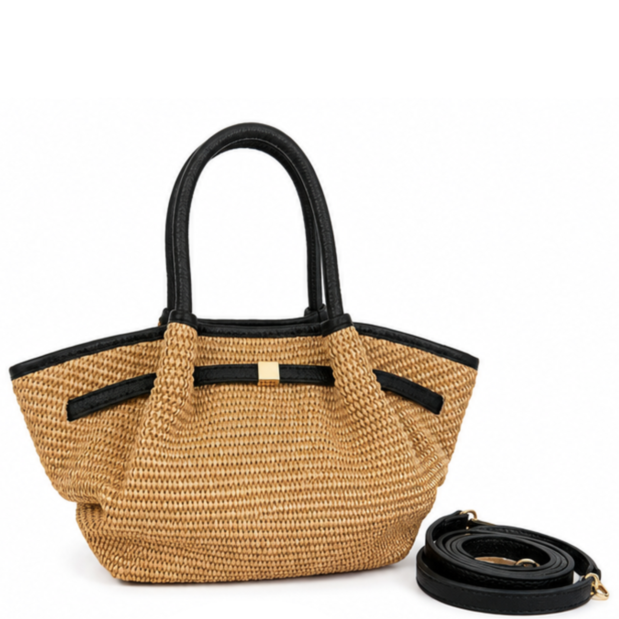 Corinne Small Raffia Handbag with woven straw texture and tan leather accents, stylish private label accessory.