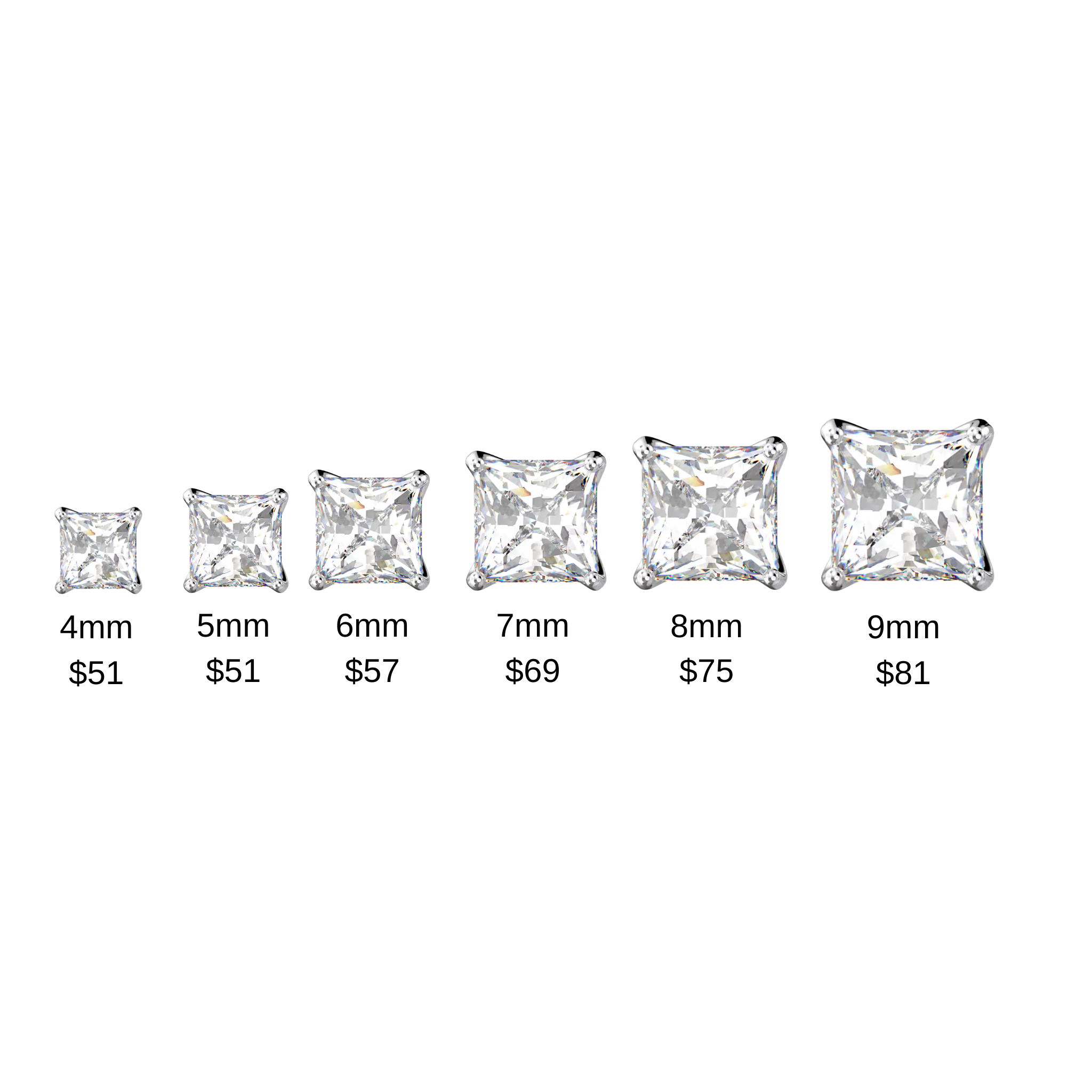 Princess cut sterling silver platinum studs showcasing elegant design and brilliant shine on a neutral background.