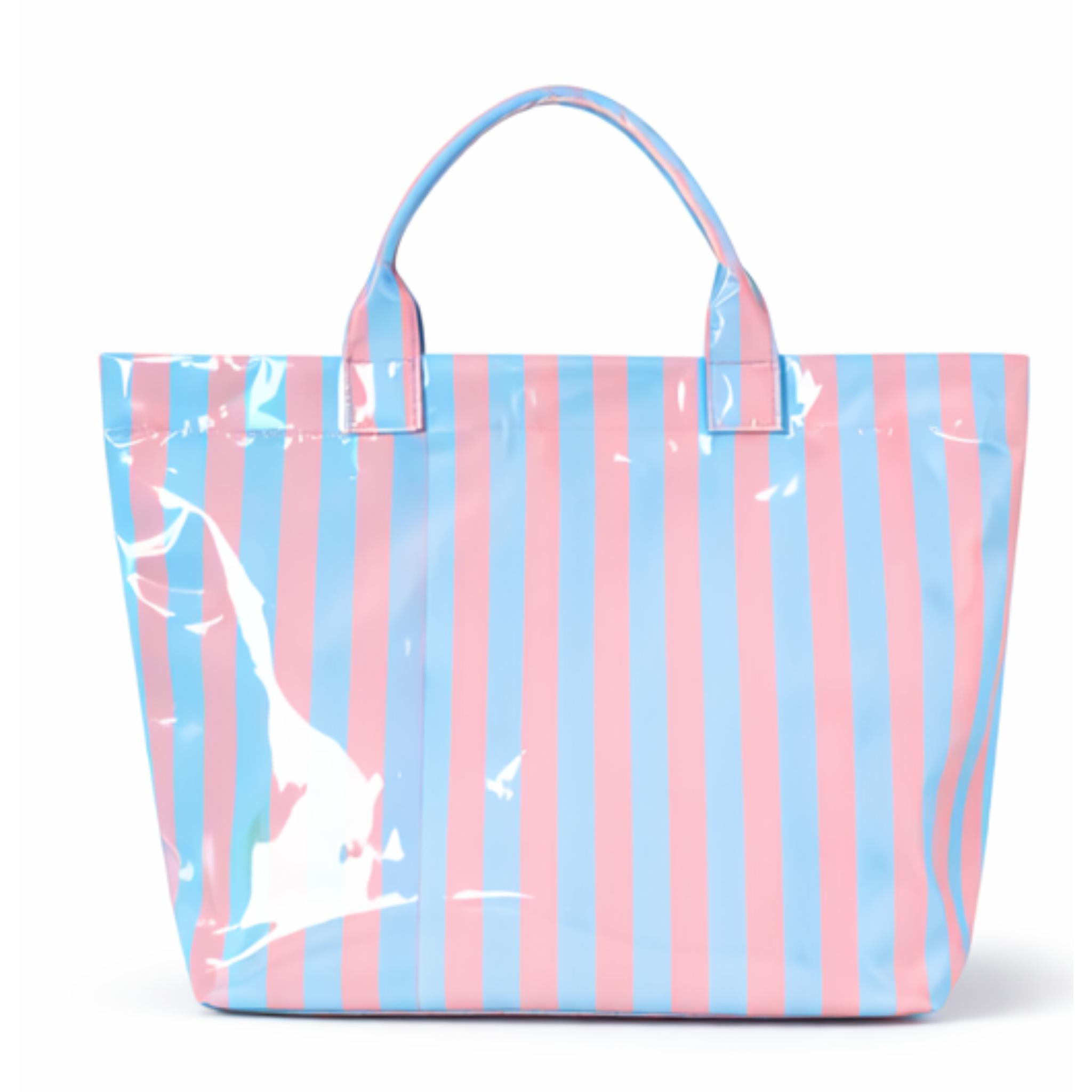 Striped waterproof beach bag by Private Label showing a durable tote with blue and white stripes and waterproof material.
