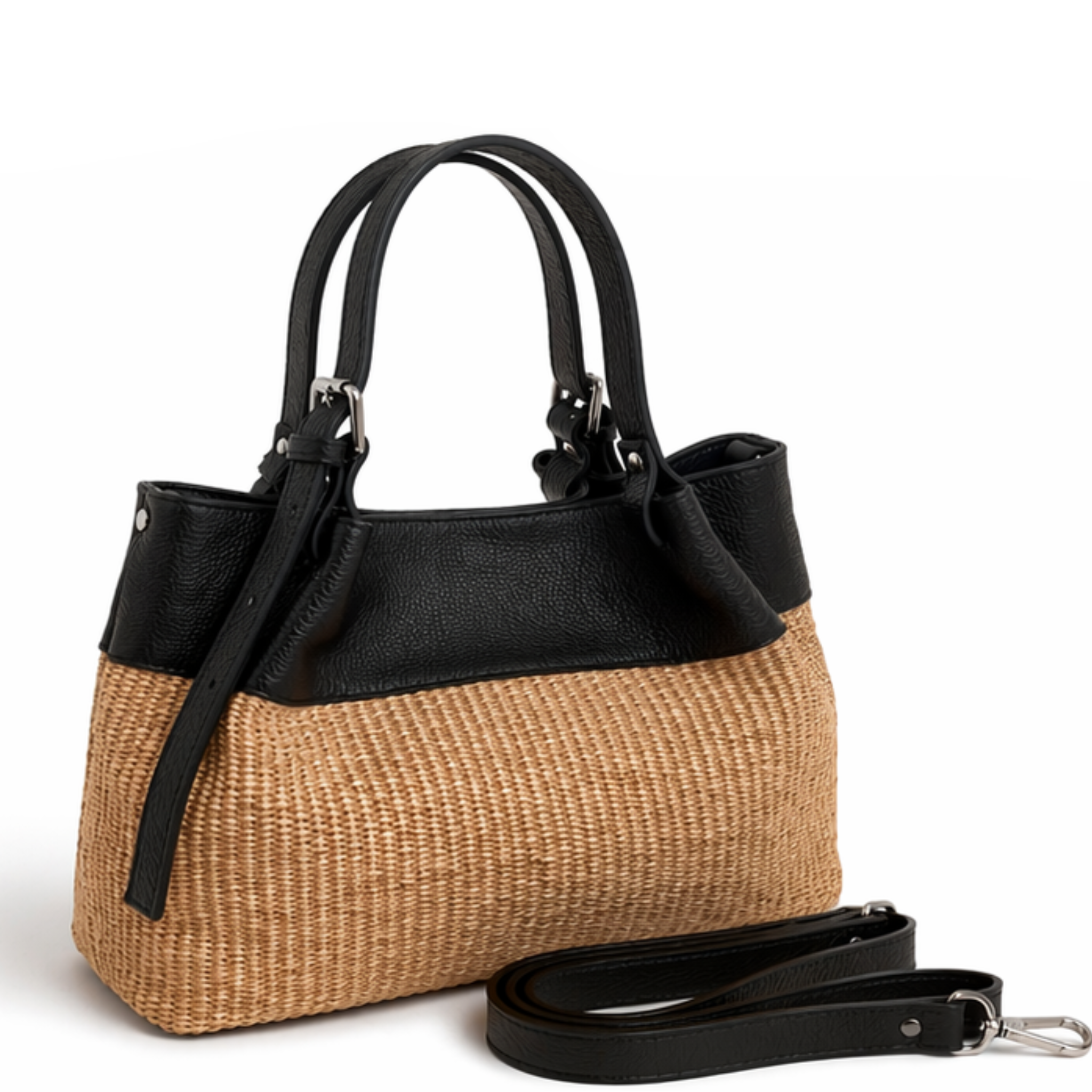 Private label Coastal It Girl Tote handbag with woven straw design and leather handles, perfect for casual summer style.