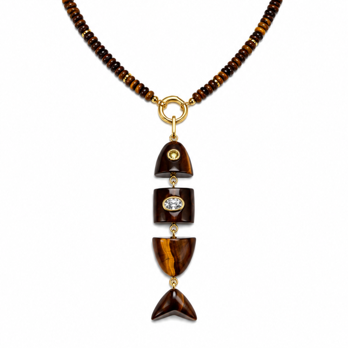 Colorful gemstone fish crystal beaded necklace with a delicate chain and intricate fish-shaped pendant, from Private Label.