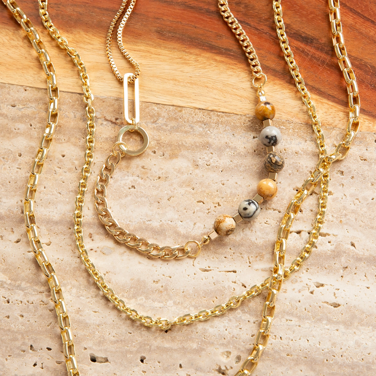 Marlyn Schiff mixed link necklace with natural stones in assorted earthy tones