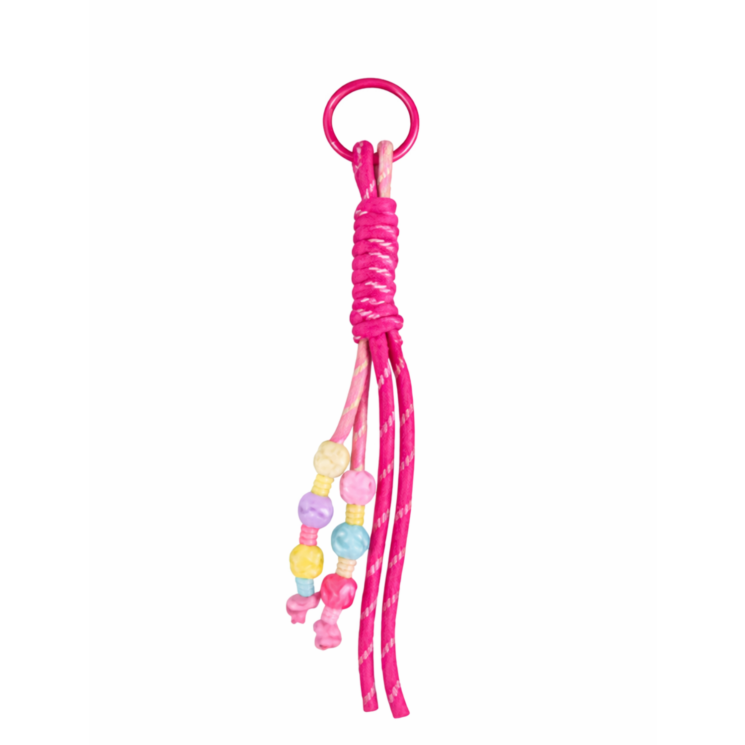 Playful beaded knot rope bag charm keychain with colorful beads and intricate design, perfect for accessorizing bags and keys.