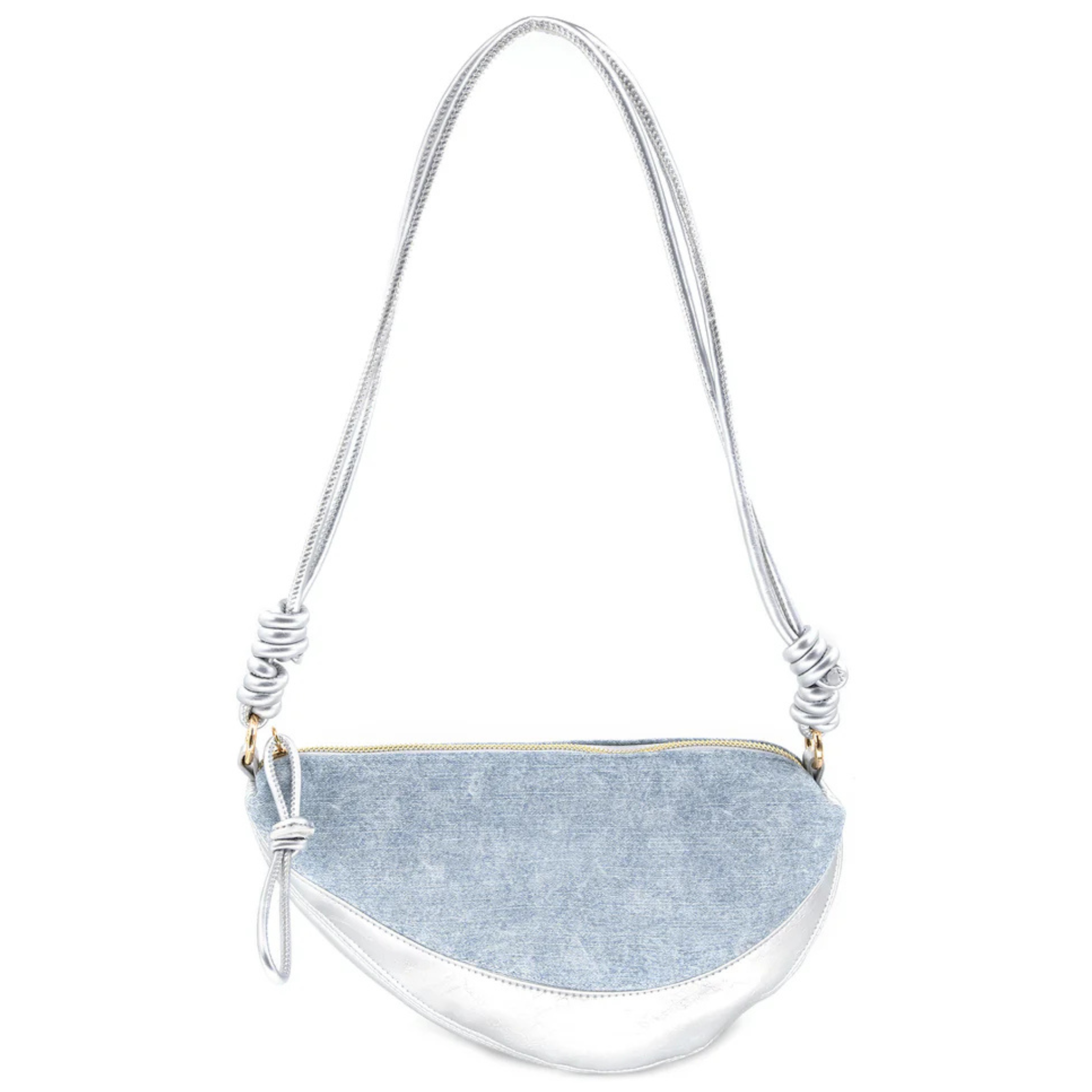 Half moon denim shoulder bag with a sleek design and adjustable strap, perfect for casual outings.