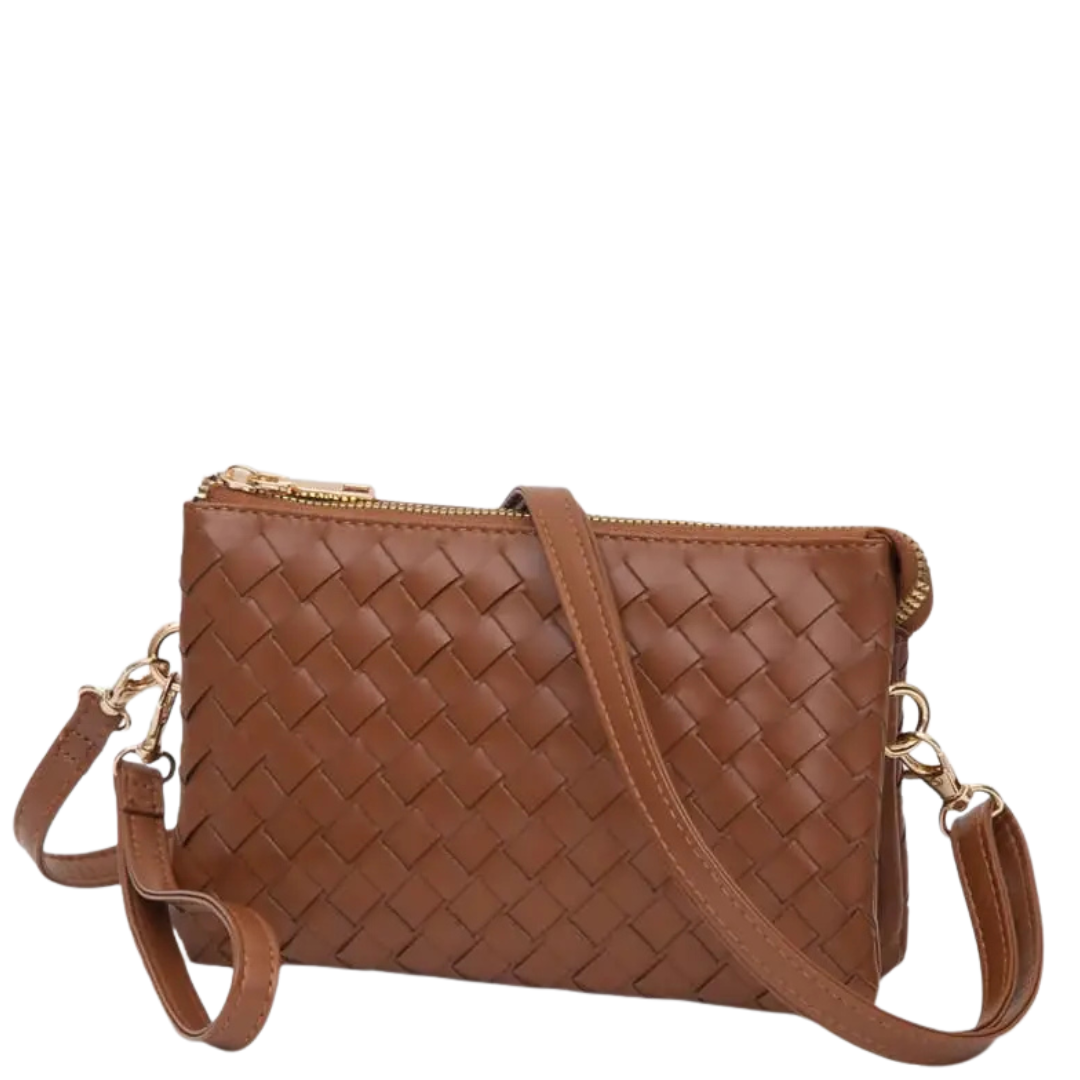 Woven Three Compartment Crossbody Wristlet Bag