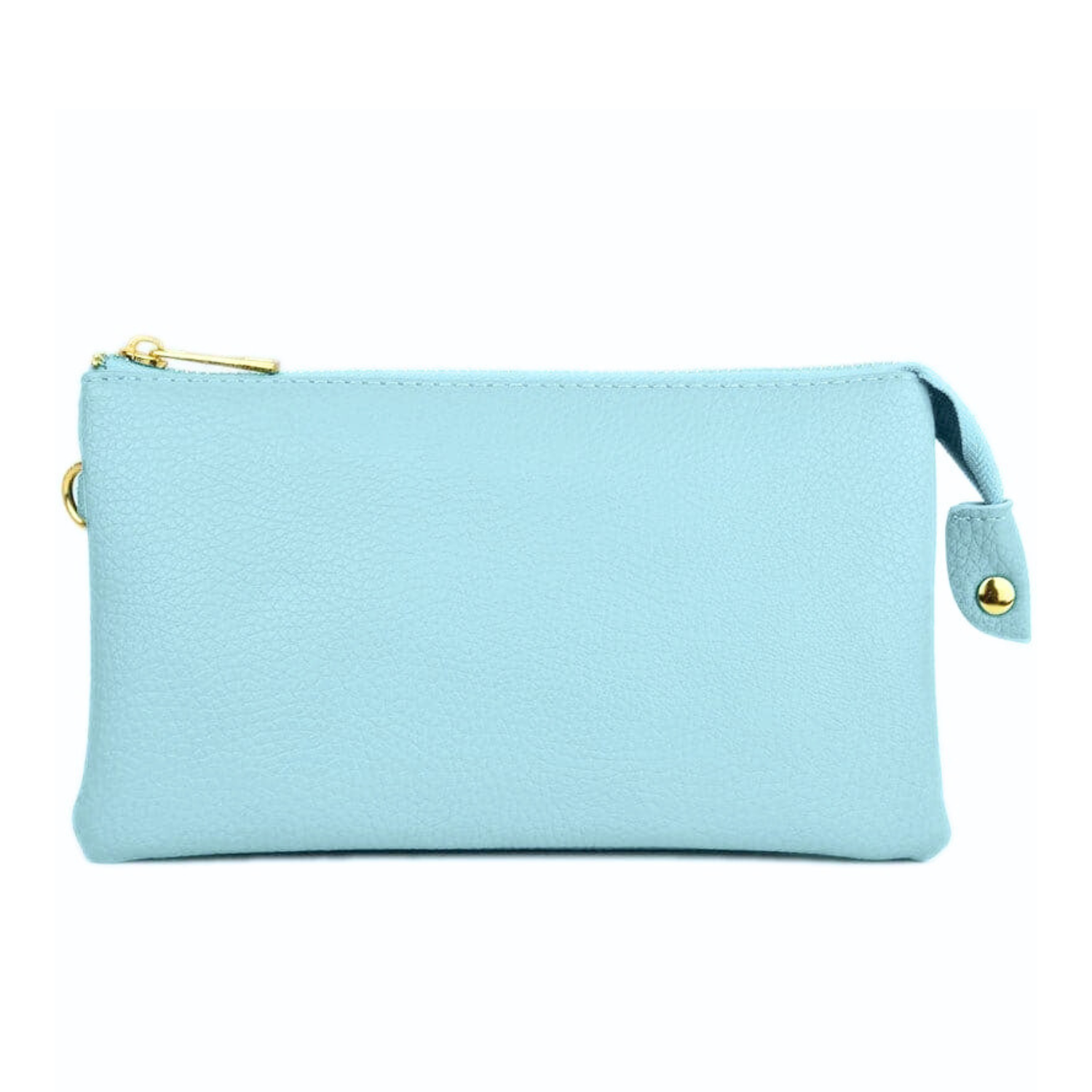 Private label three-compartment crossbody wristlet bag with multiple sections and sleek design, shown in the image.
