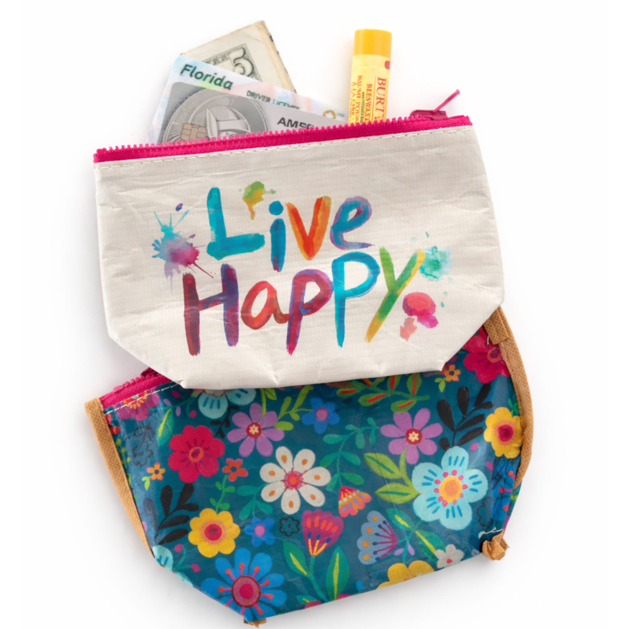 Small recycled reversible zipper travel pouch by Natural Life, featuring eco-friendly fabric and colorful reversible design.