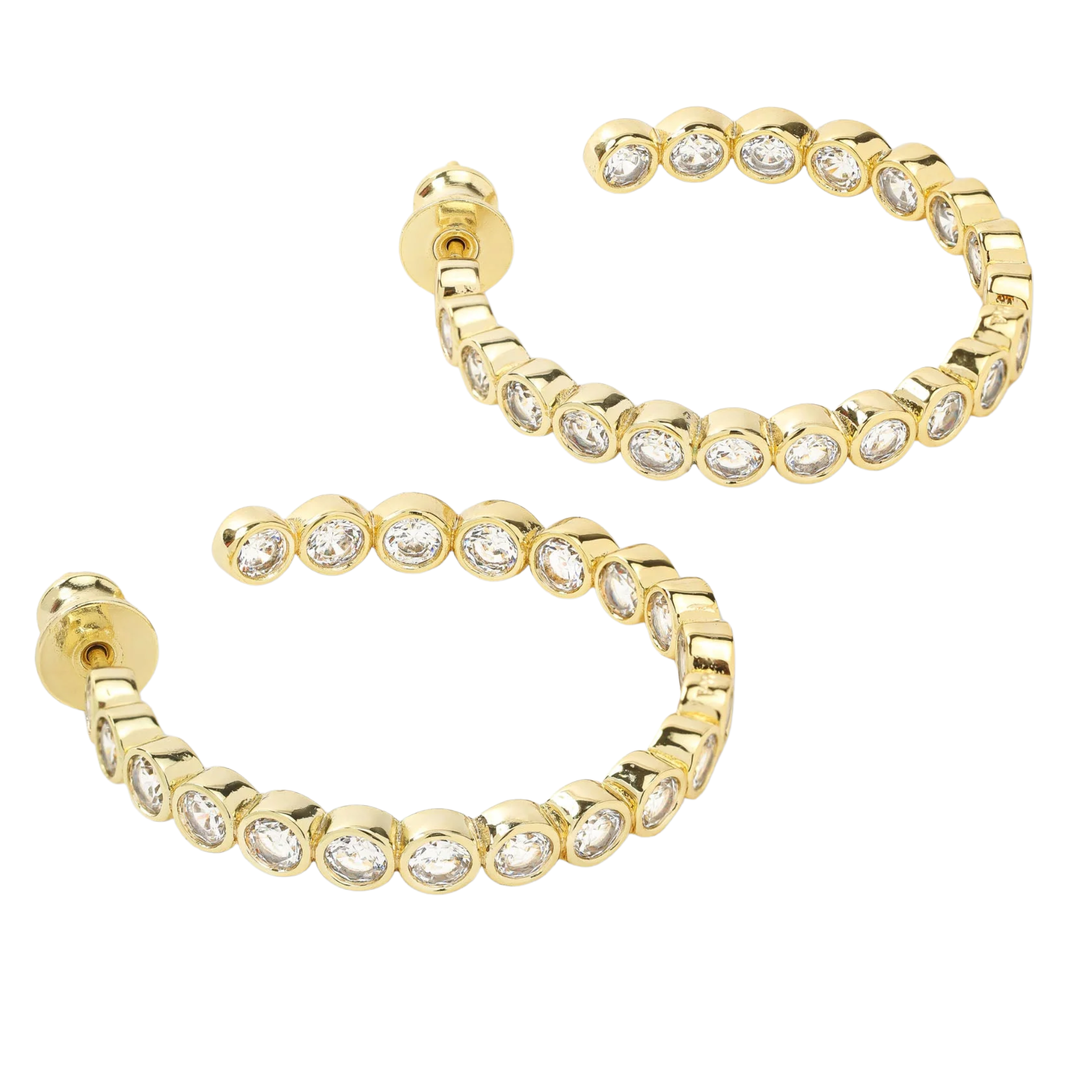 Gold Baroness Hoops 1.25-inch earrings with white diamondette accents by Melinda Maria, showcasing elegant hoop jewelry.