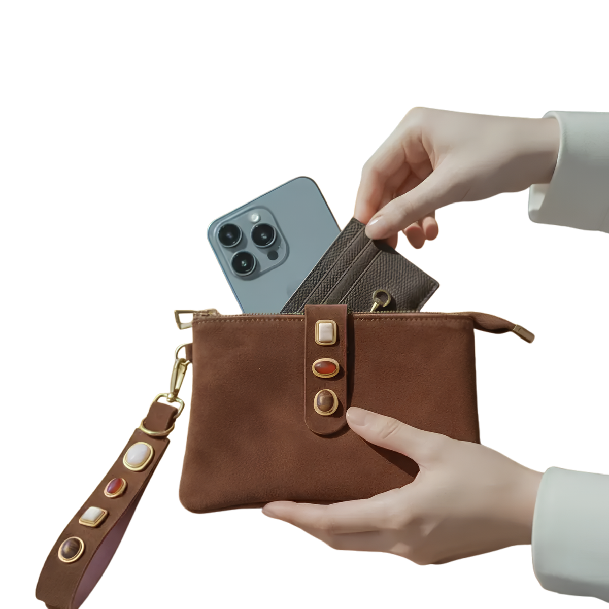 Gemstone Suede Wristlet Pouch & Keychain