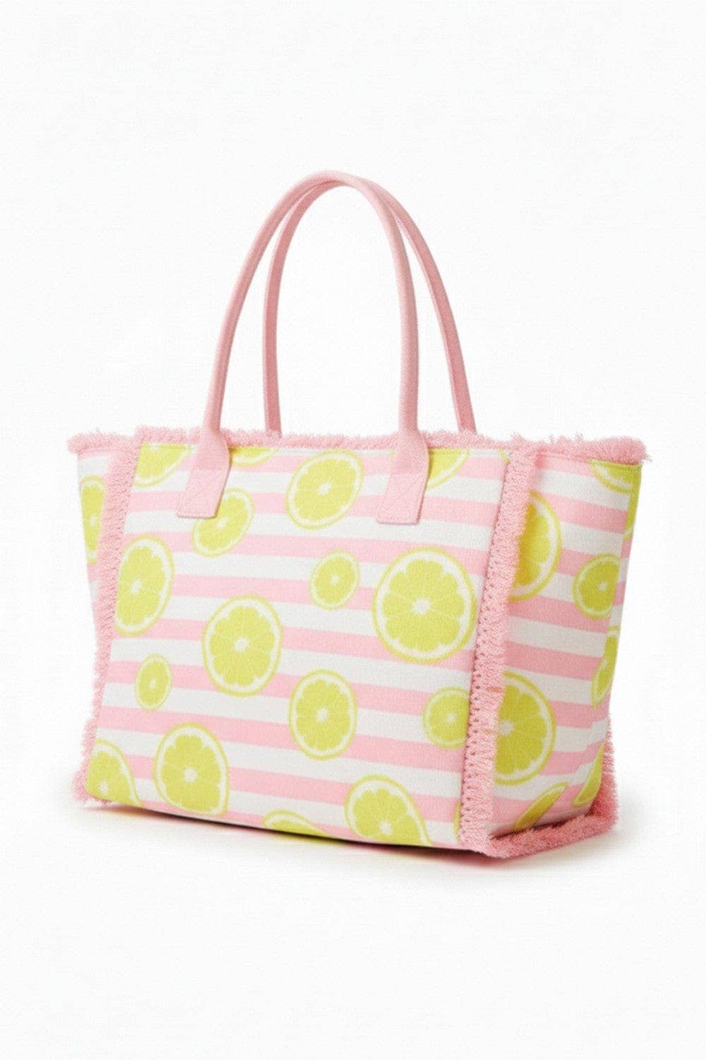 Lemon stripe fringe beach tote bag with woven handles, stylish private label beach bag perfect for summer outings.