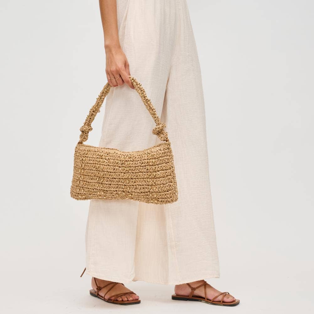 Clarissa Seasonal Straw Shoulder Bag by Urban Expressions, featuring a stylish woven design and comfortable shoulder straps.