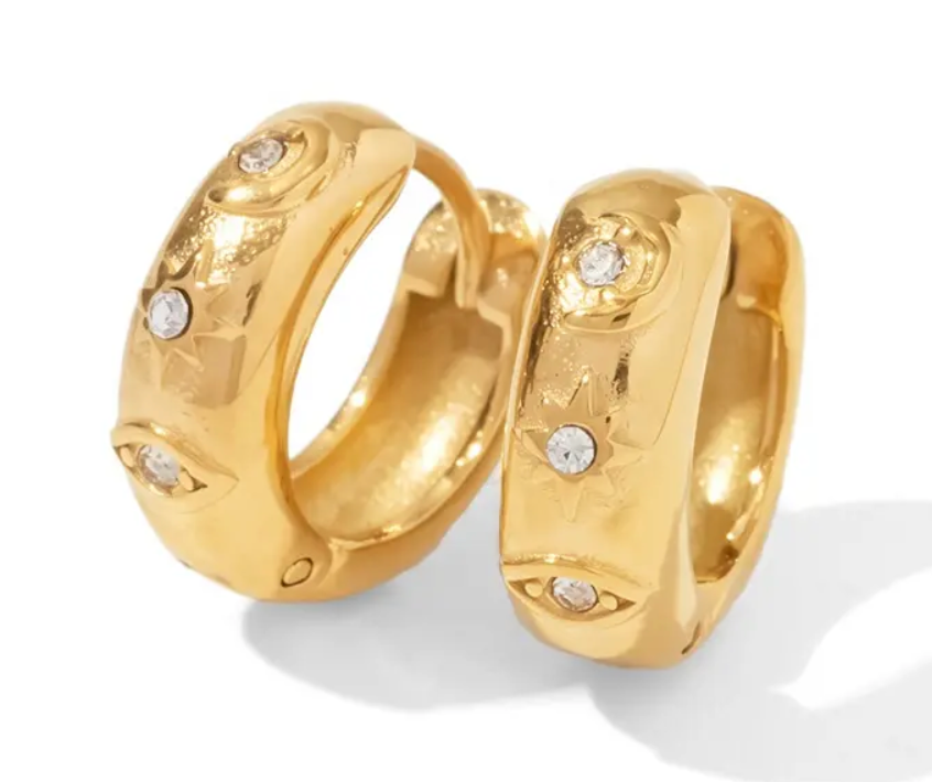 Chubby hoop earrings featuring an evil eye design with CZ stones, crafted in 18K gold and waterproof PVD finish.
