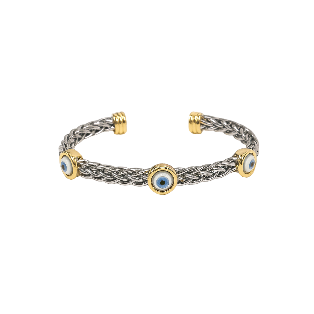 Private label evil eye cuff bracelet bangle with blue and silver design, featuring an eye charm and sleek metal finish.