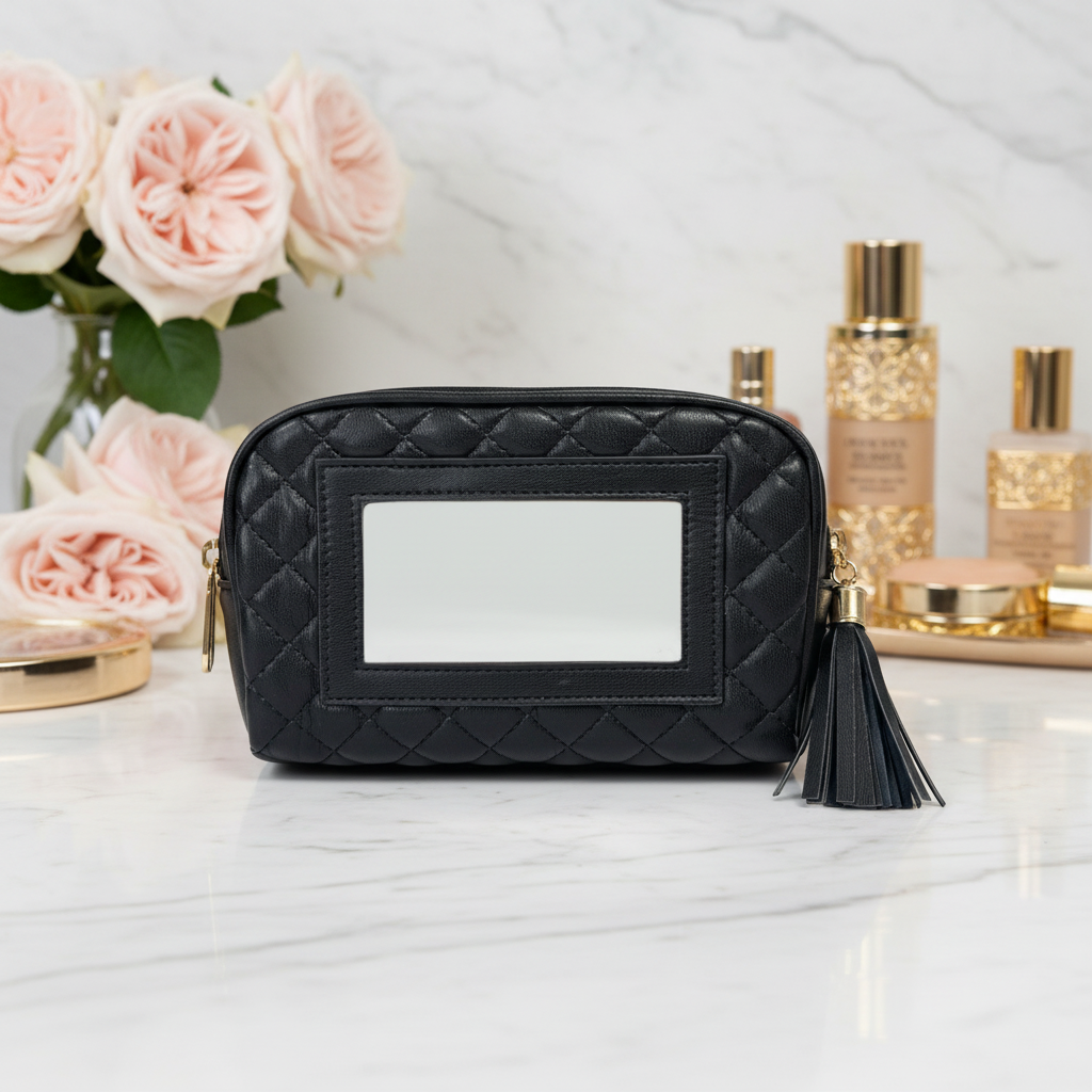 PurseN Glam Makeup Case in timeless quilted design, stylish makeup bag with compartments for cosmetics and beauty essentials.