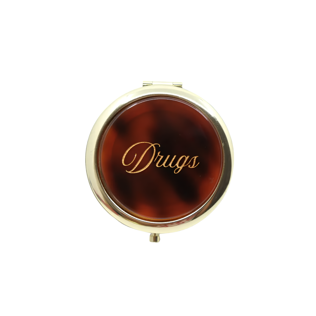Solar Eclipse Hand-Painted Drugs Handbag Hero Pill compact mirror with colorful, detailed artwork on a sleek, portable design.