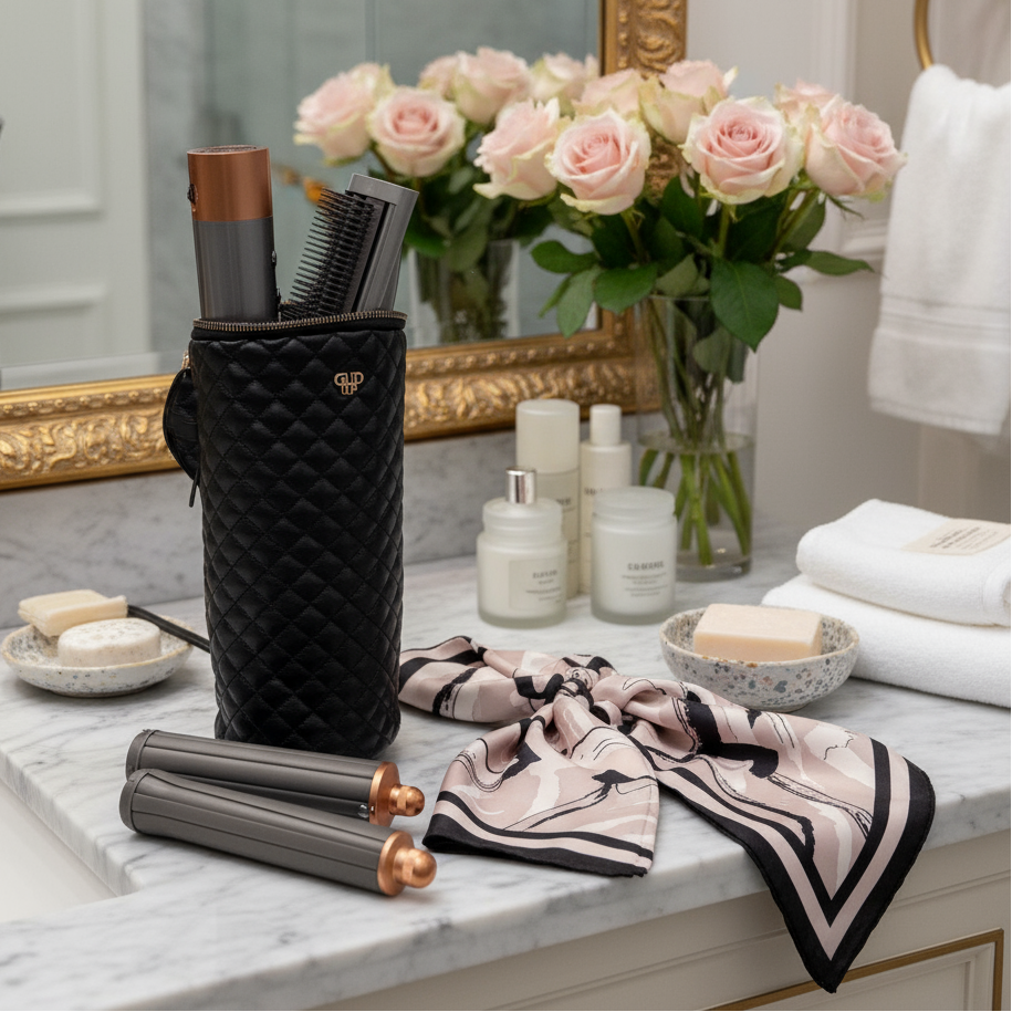 PurseN Hot Tools Holder pouch with timeless quilted design, compact storage for hair styling tools and accessories.