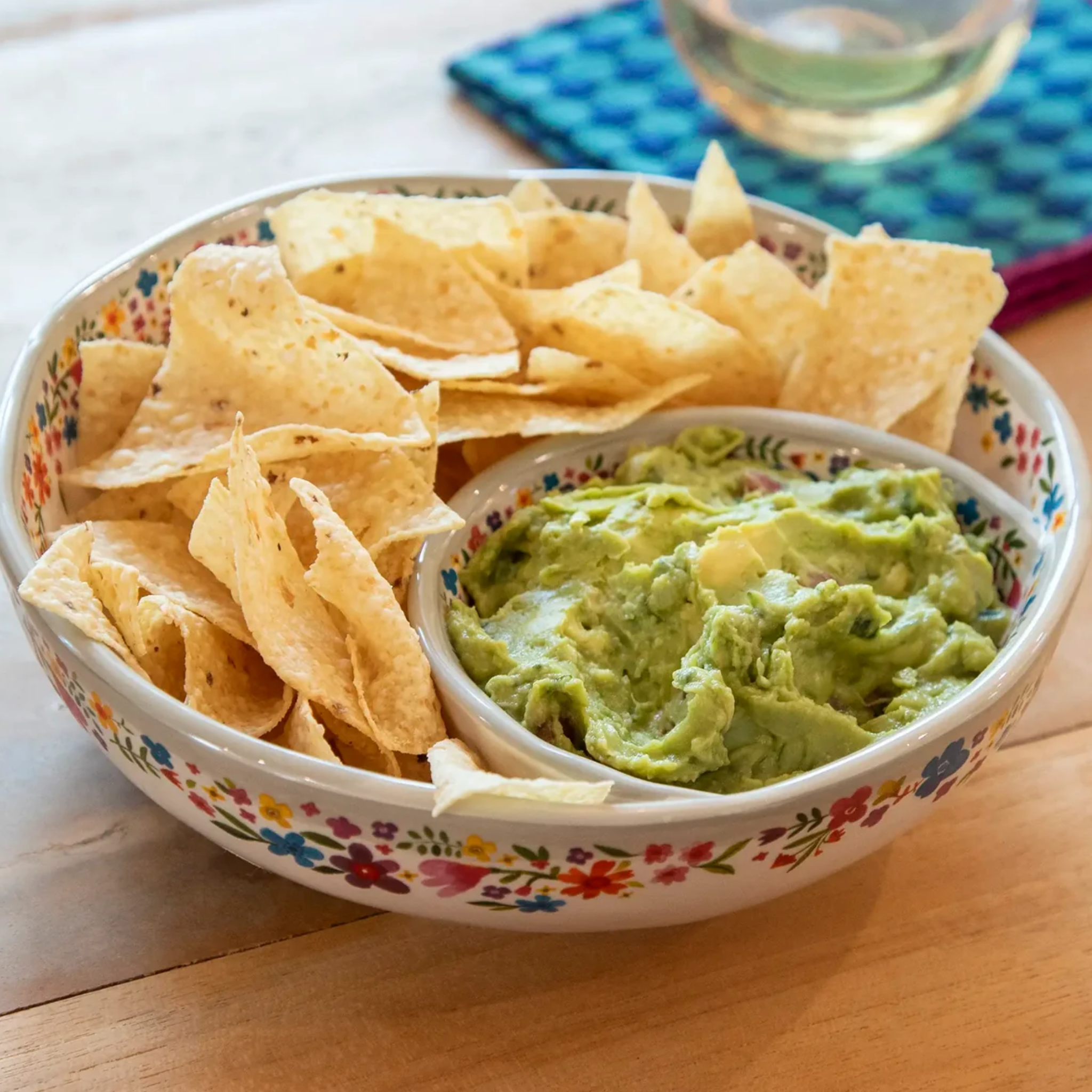 Natural Life personal chip and dip bowl with colorful, decorative design for serving snacks and dips.