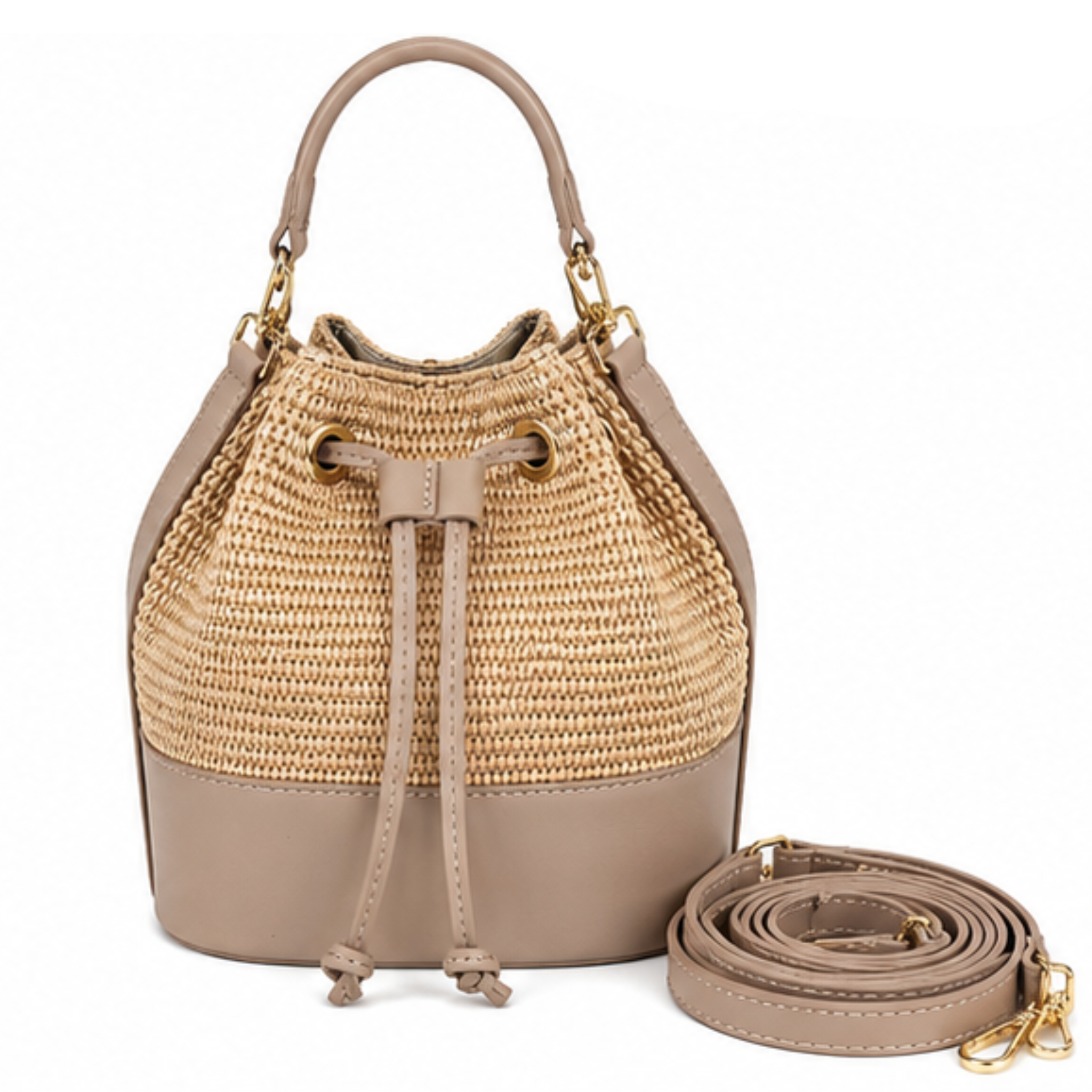 Private label MISS Bucket classic raffia crossbody bag with woven raffia material and adjustable strap.