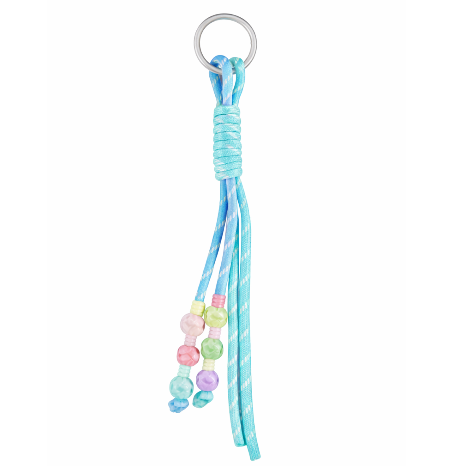 Colorful beaded knot rope bag charm keychain with playful design, perfect for decorating bags and accessories.