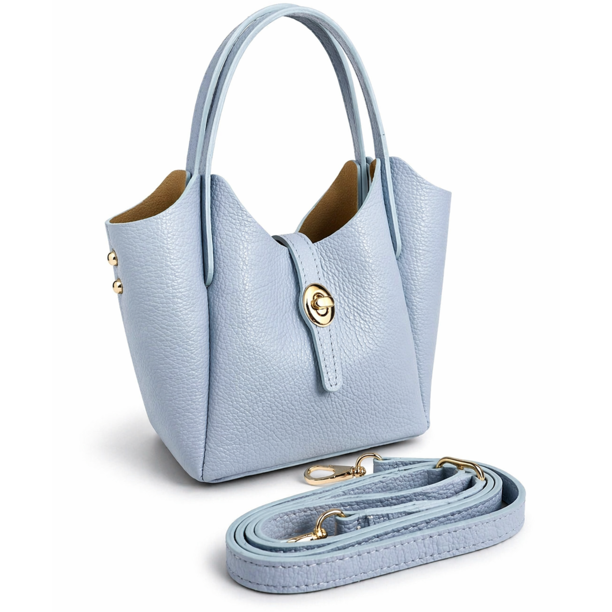 Private Vendor Geneva mini leather bucket bag with adjustable strap and gold-tone hardware, shown from a front view.