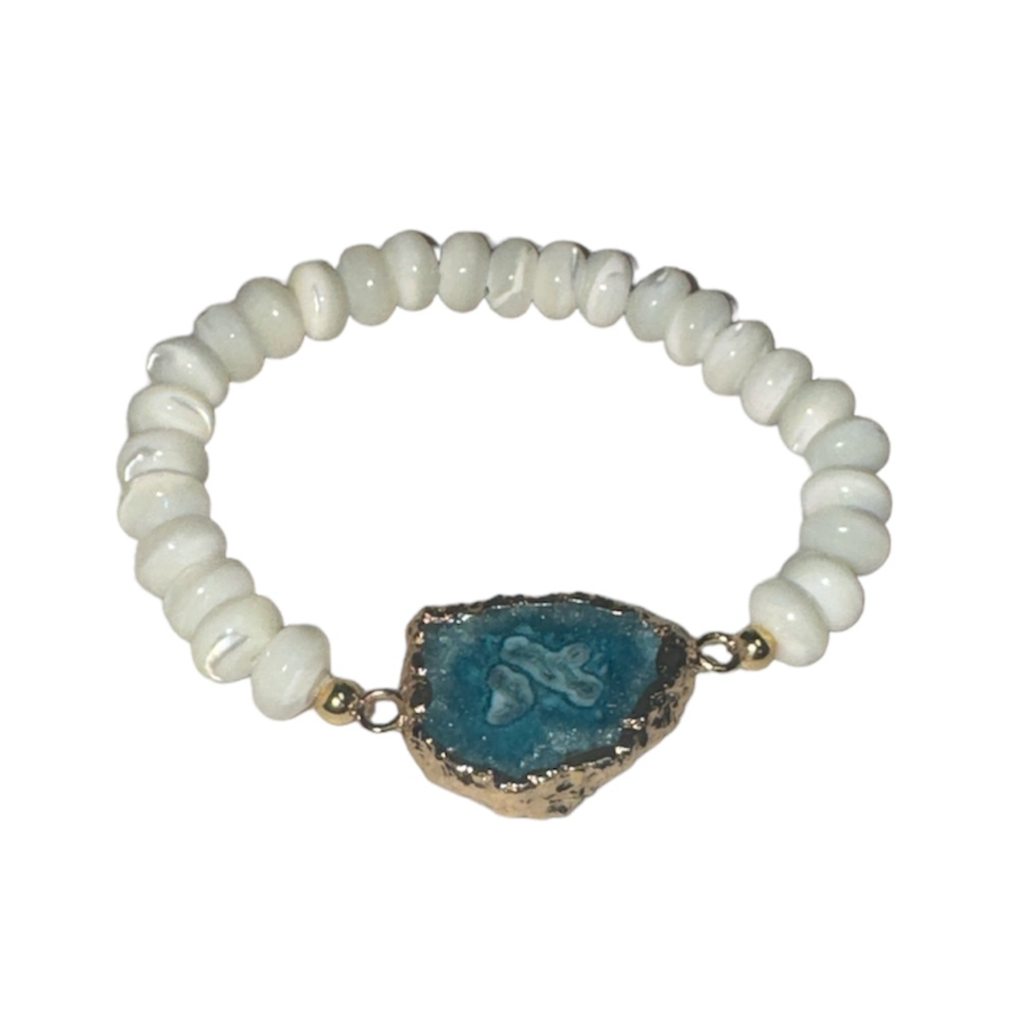 White druzy and charm beaded bracelet stack