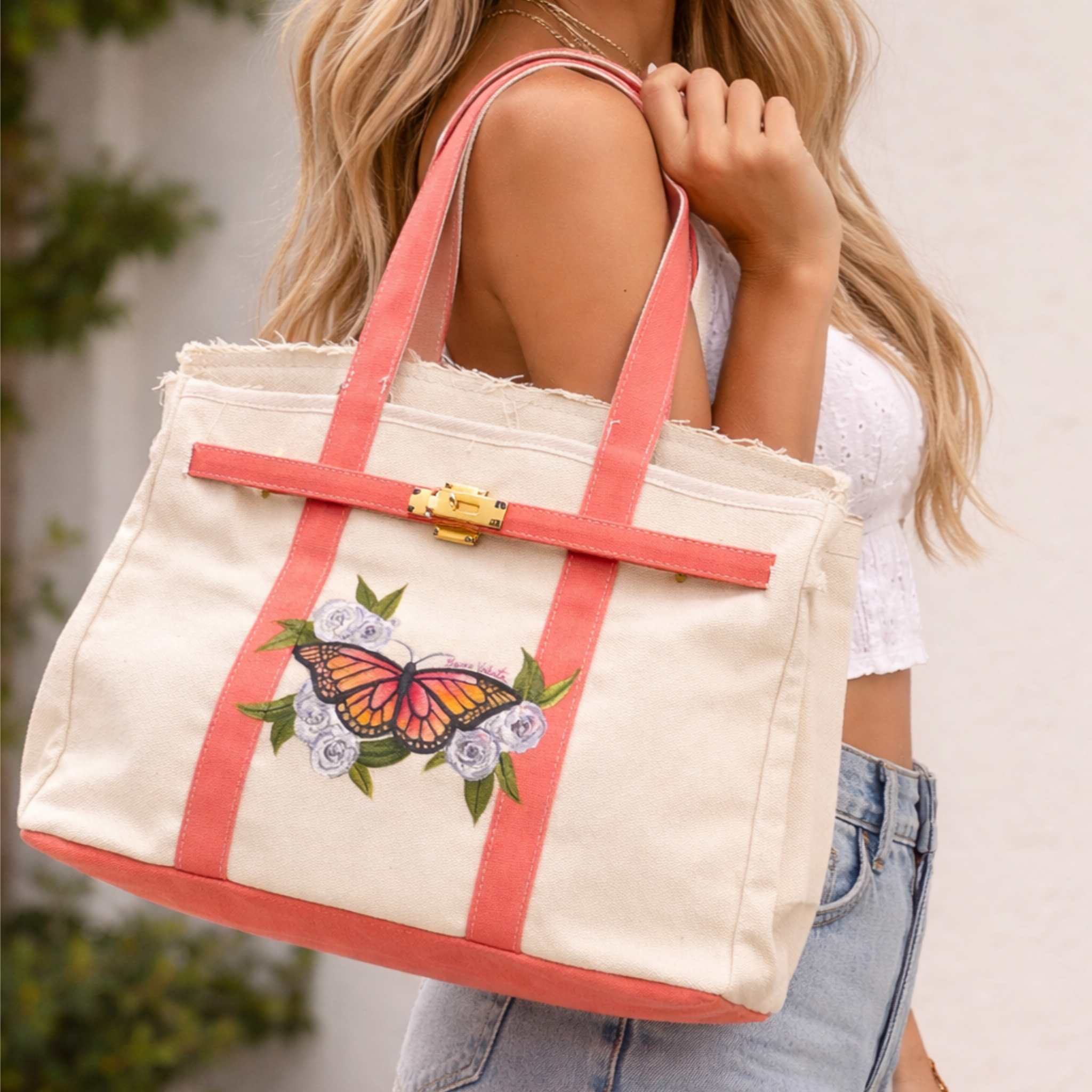 Gianna Valente x Lets Bag It Painted Picnic Tote Collection tote bag with colorful painted design on sturdy fabric.