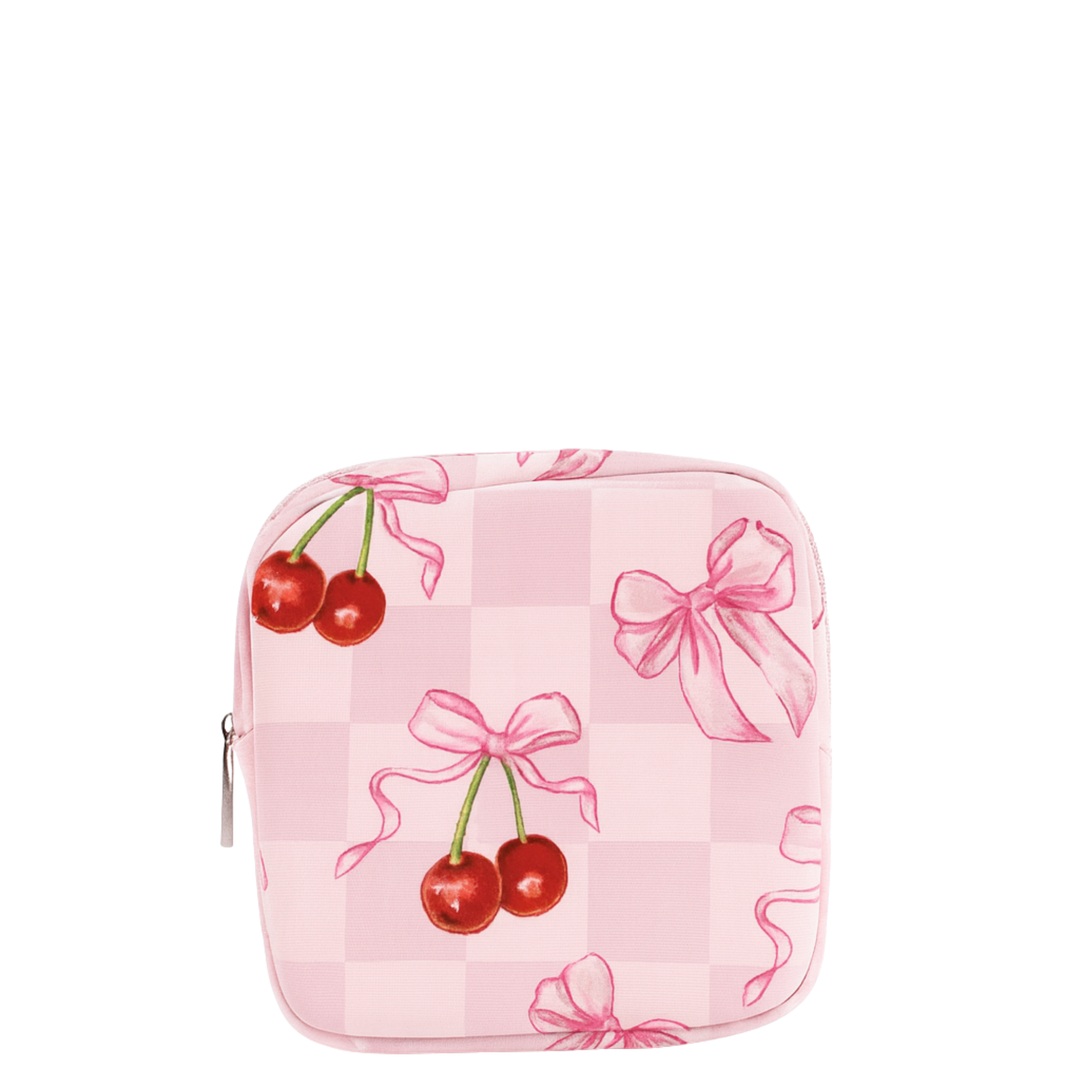 Pink cherry bow nylon makeup bags by Lil Darlings, featuring a cute design and spacious interior for cosmetics.