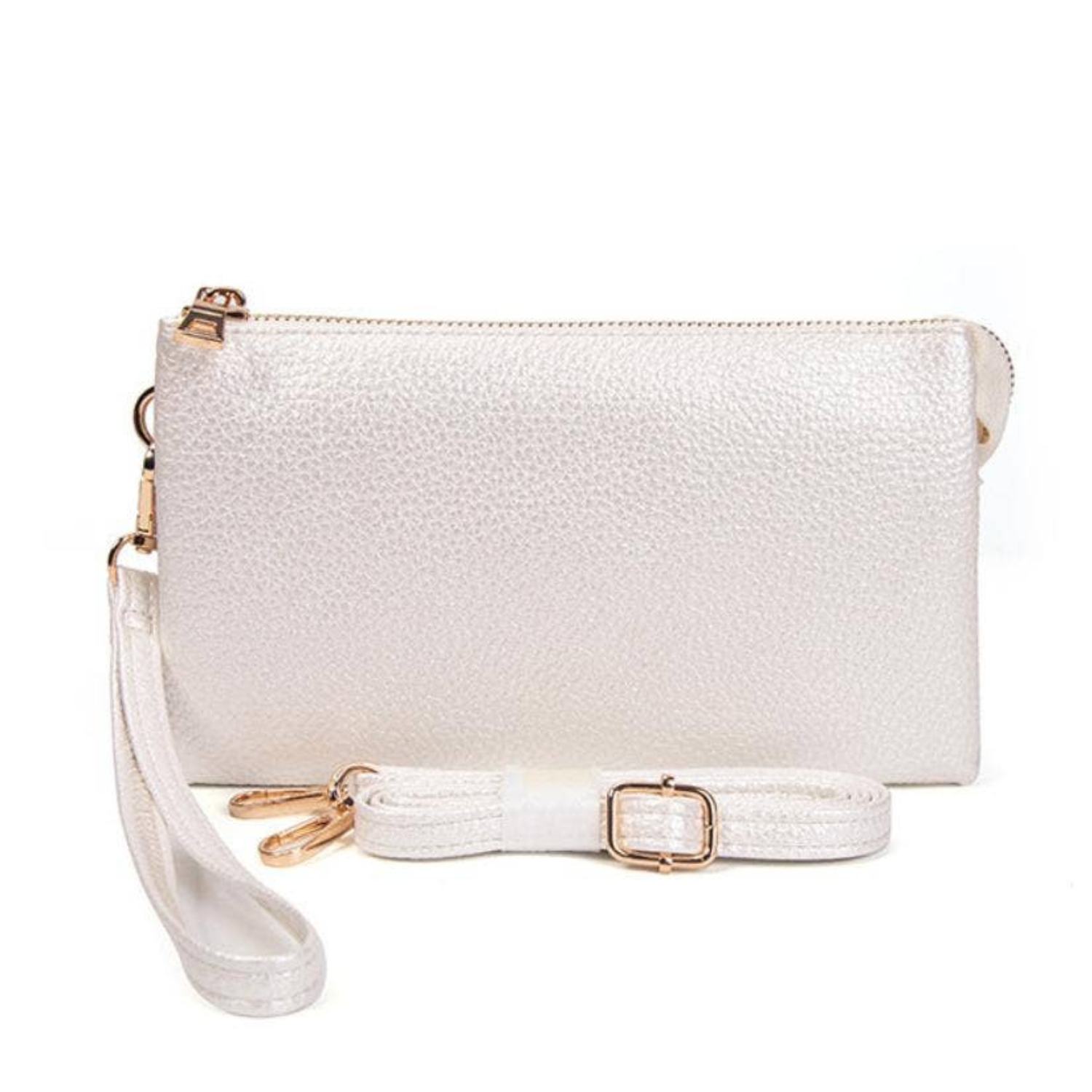 Private label three compartments crossbody bag wristlet with multiple sections and adjustable strap, shown in the image.