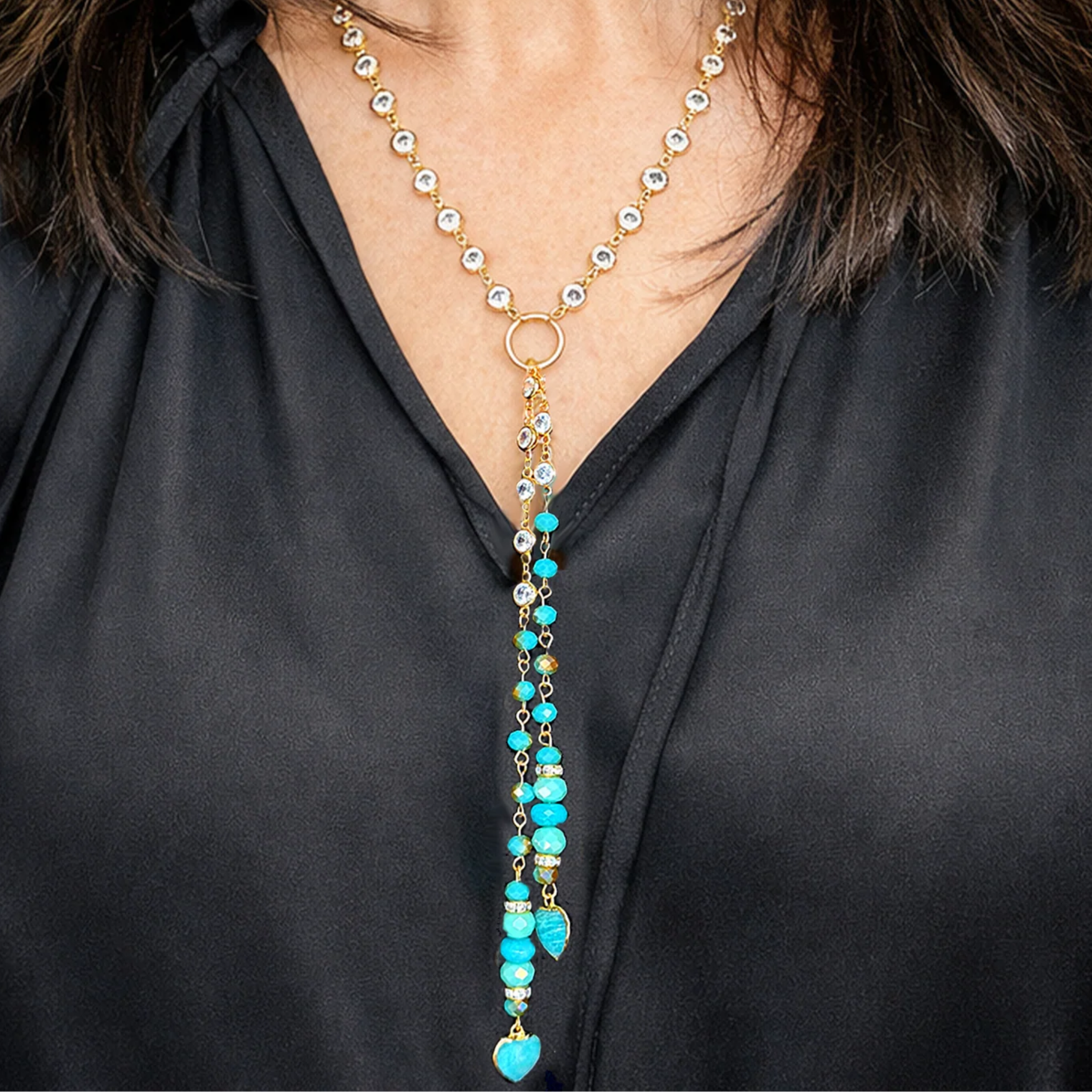 Alessia Amazonite and Quartz Heart Gemstone Drop Necklace featuring a delicate chain and heart-shaped gemstone pendant.