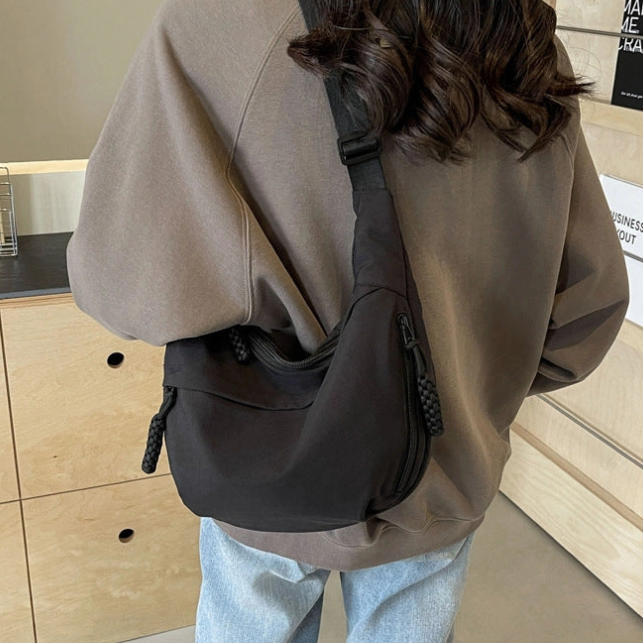 Private label solid color nylon shoulder bag with large capacity, stylish handbag for everyday use.