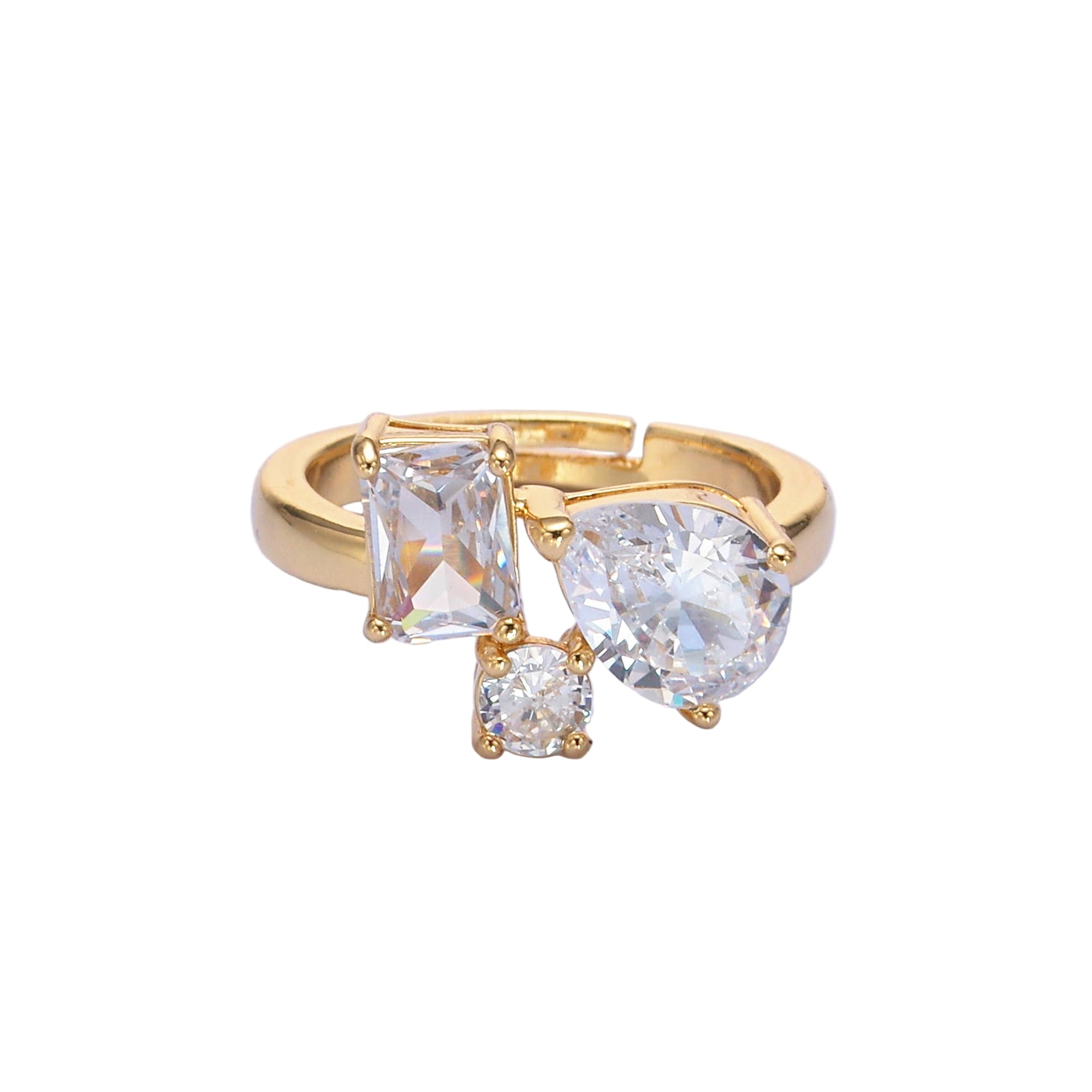 Dainty gold adjustable ring featuring multiple clear CZ stones in various shapes, elegant jewelry from Private Label