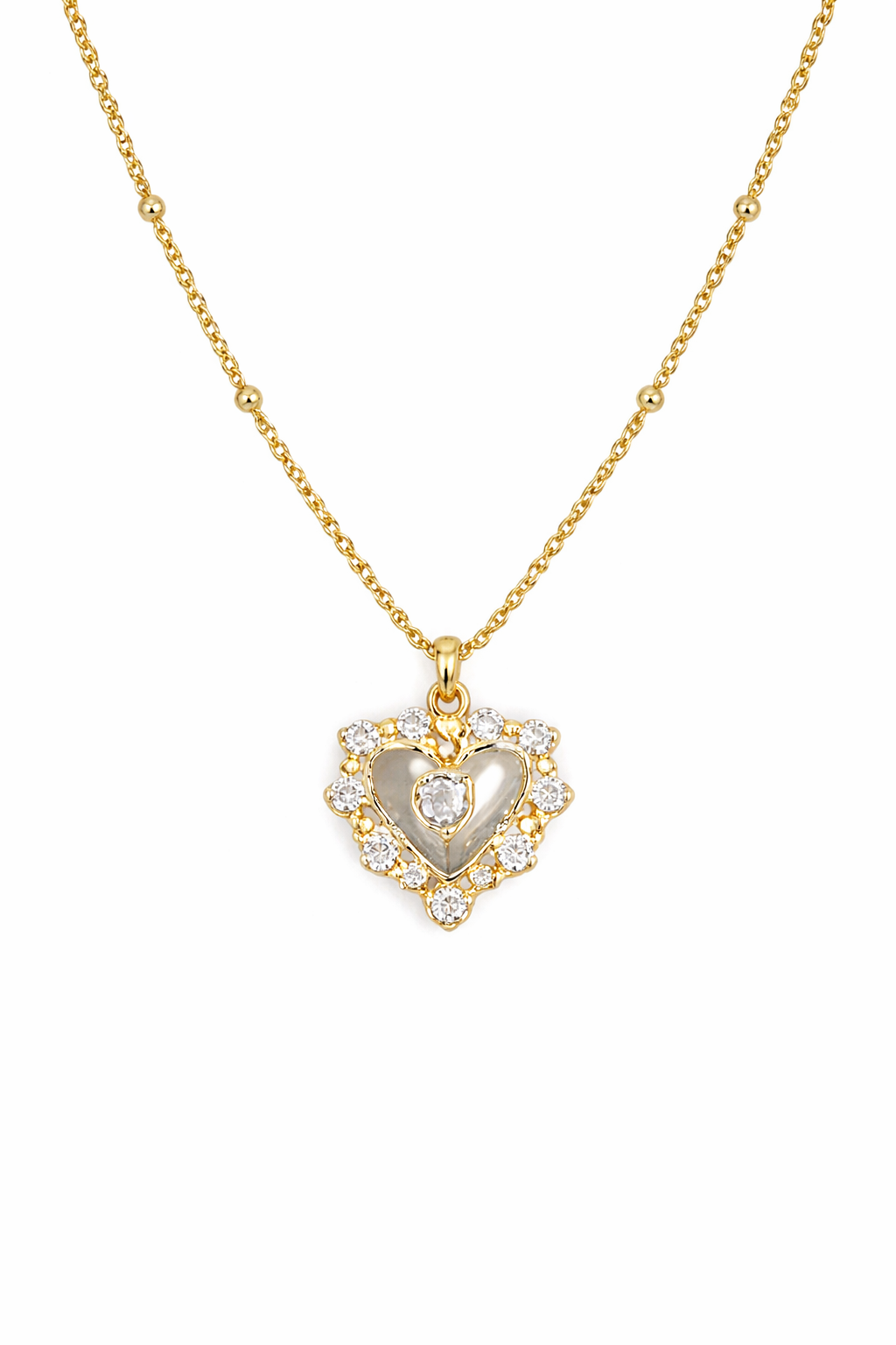 Private label heart CZ necklace featuring a sparkling heart-shaped pendant on a delicate chain.