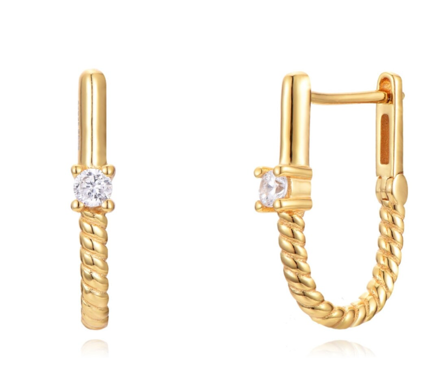 Roped In huggie hoop earrings in steel with 14K gold accents, showcasing a textured design and elegant style.