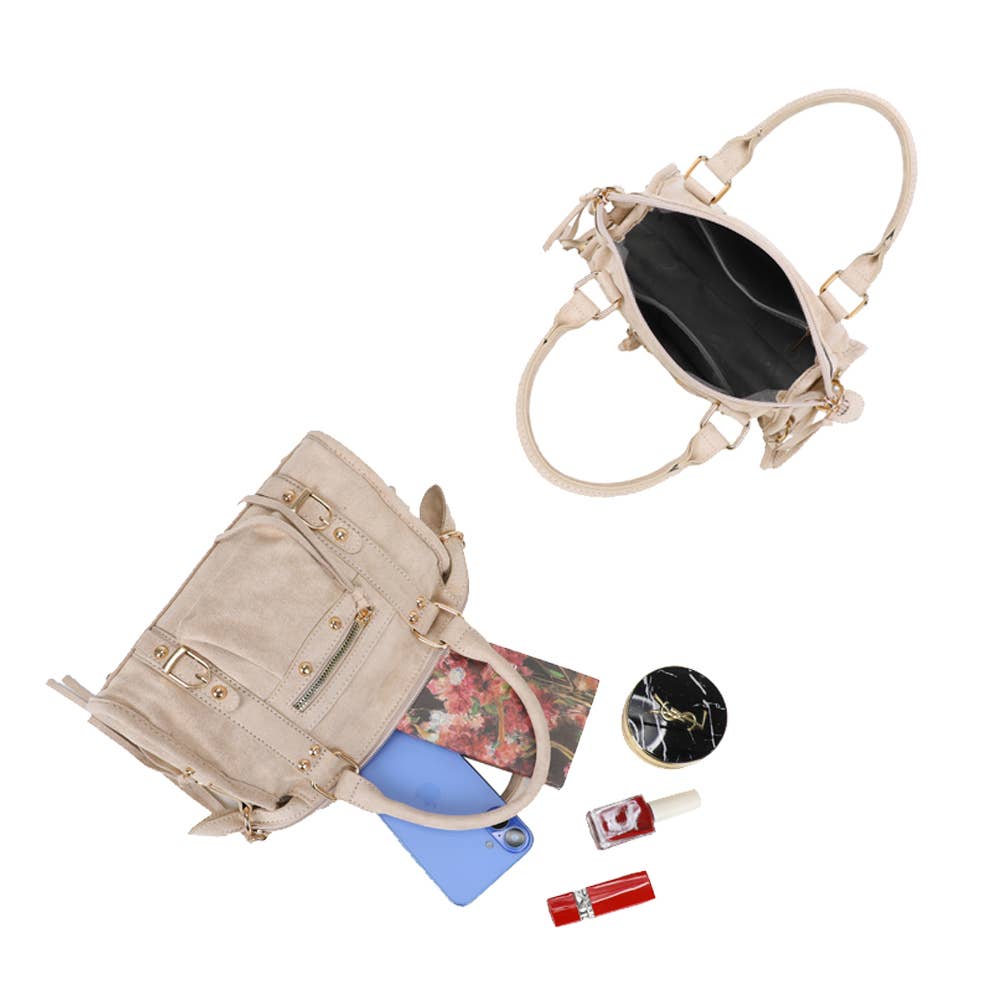 Skyla small golden suede crossbody handbag with adjustable strap and minimalist design, by Private Label.