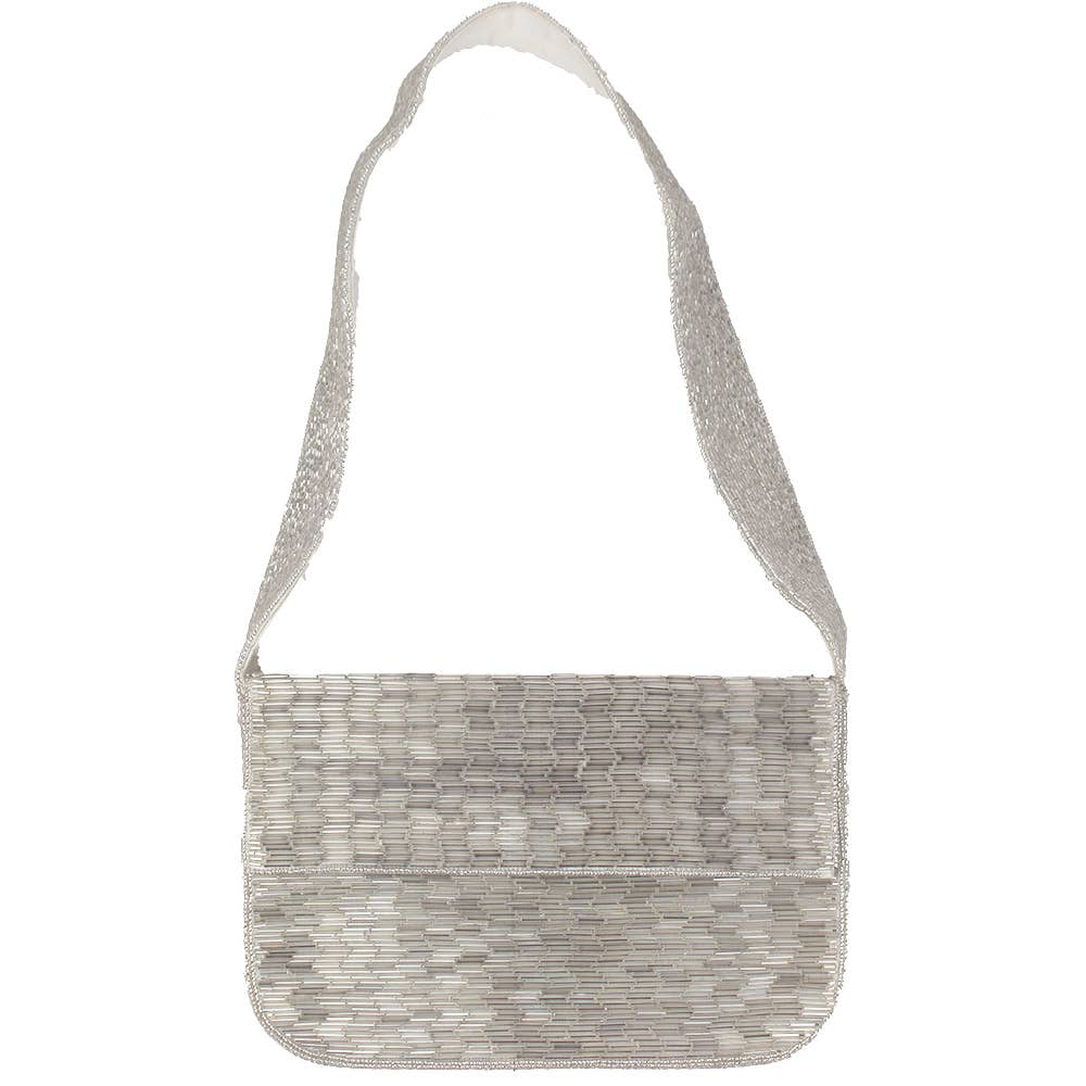 Silver Shine beaded shoulder bag by Pizzazz, Inc. featuring intricate beadwork and a stylish design.